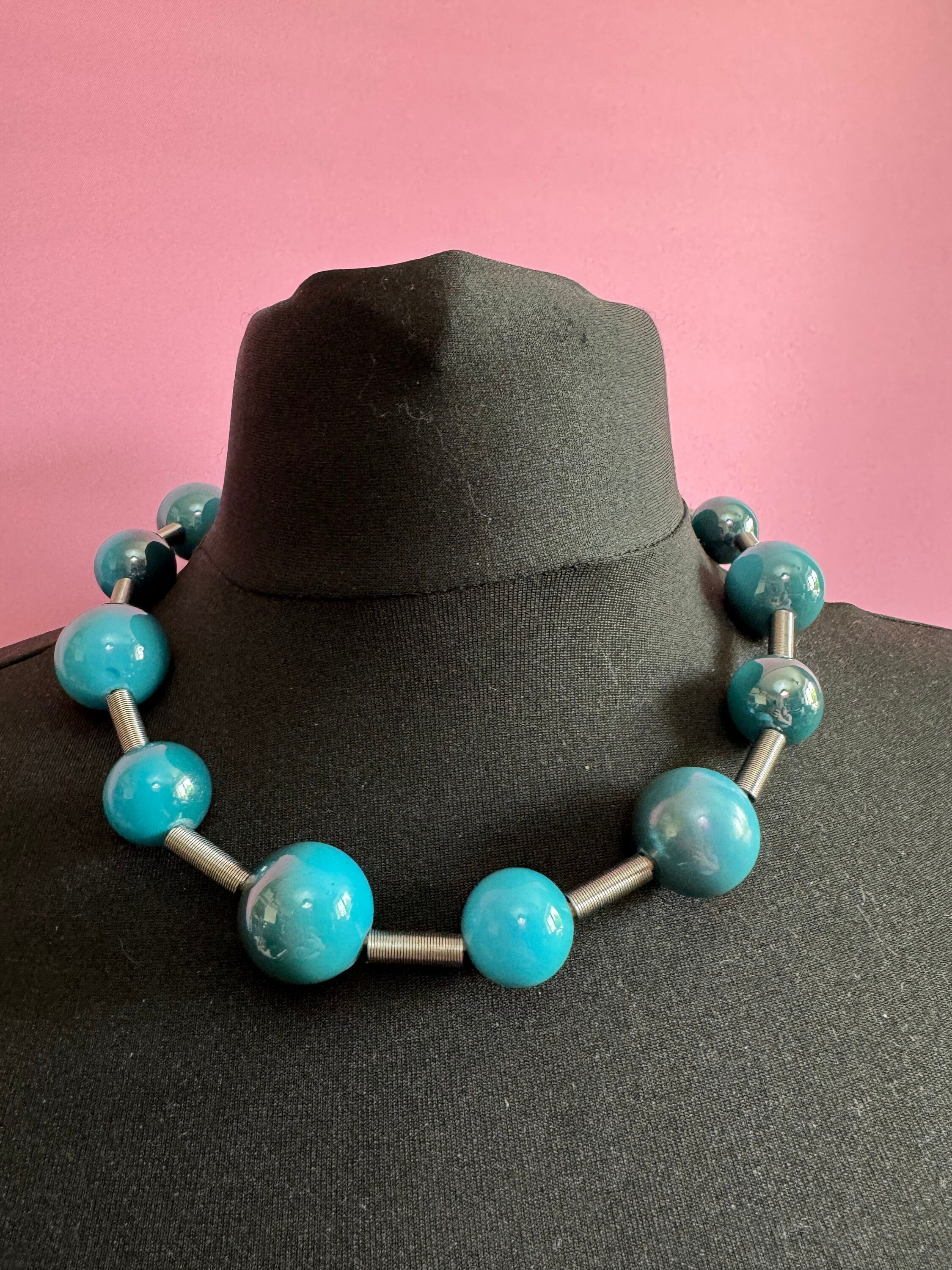 xl chunky teal green blue round beaded plastic necklace on leather 58cm