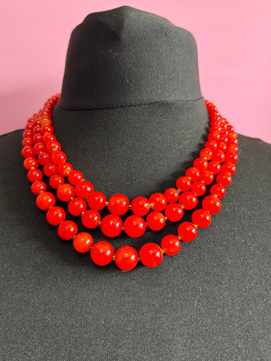 Mid century tomato red signed Hong Kong faux pearl chunky plastic beaded multi strand choker necklace