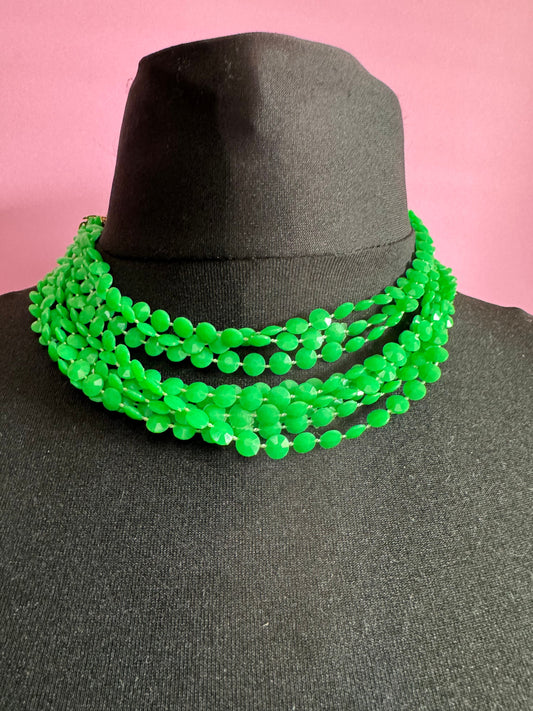 1970s vintage bright green fixed bead plastic chain link long flapper Multistrand necklace 140cm