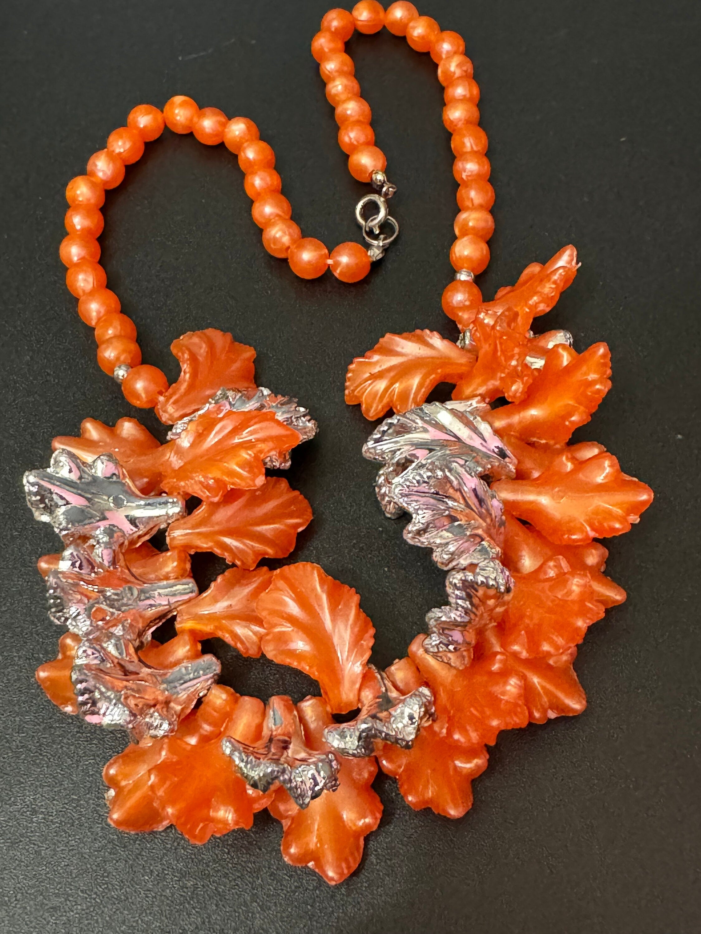 Retro Oversized orange plastic Leaf beaded necklace silver tone autumn fall 50cm