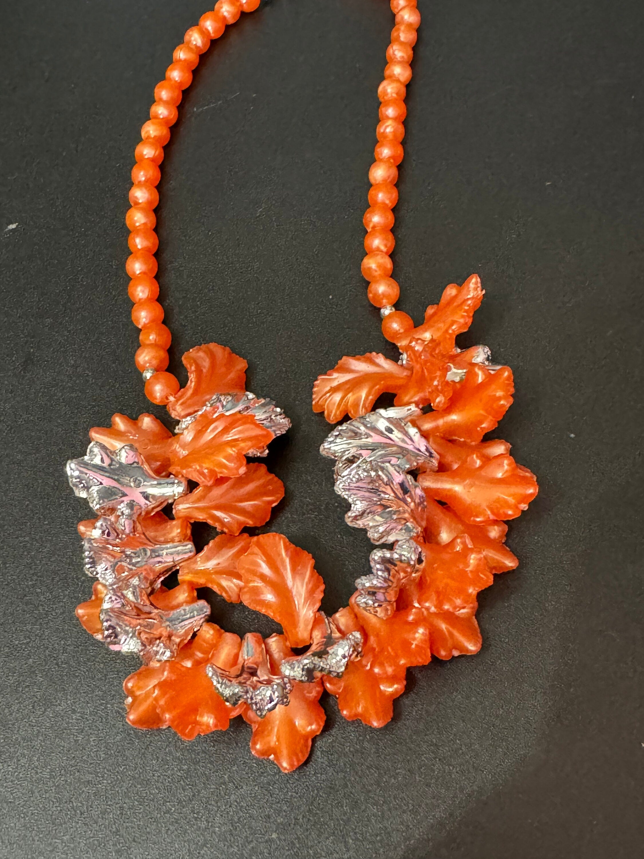 Retro Oversized orange plastic Leaf beaded necklace silver tone autumn fall 50cm