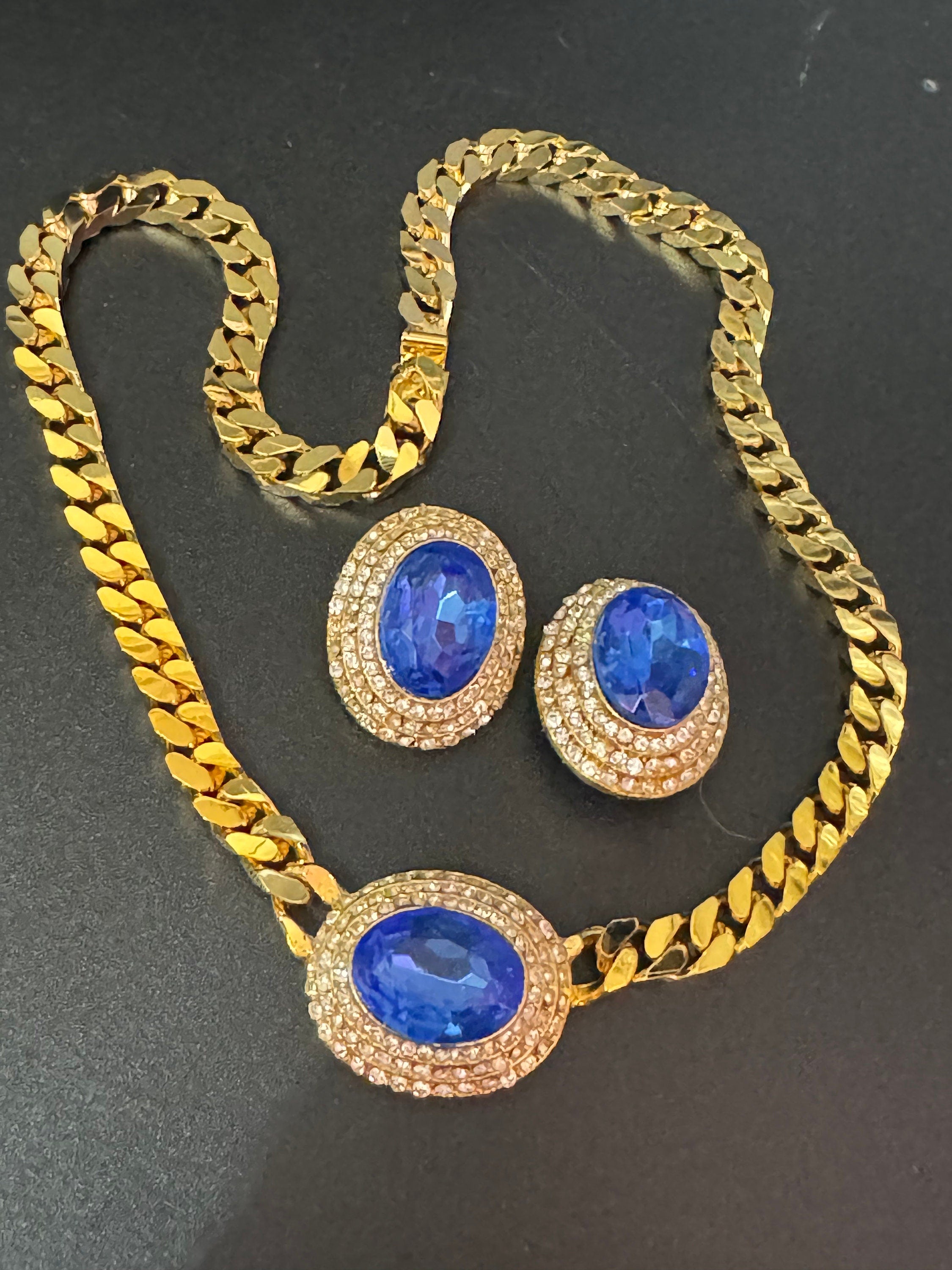 Vintage sapphire blue clear genuine Swarovski crystal oval gold tone necklace and oversized clip on earrings jewellery set