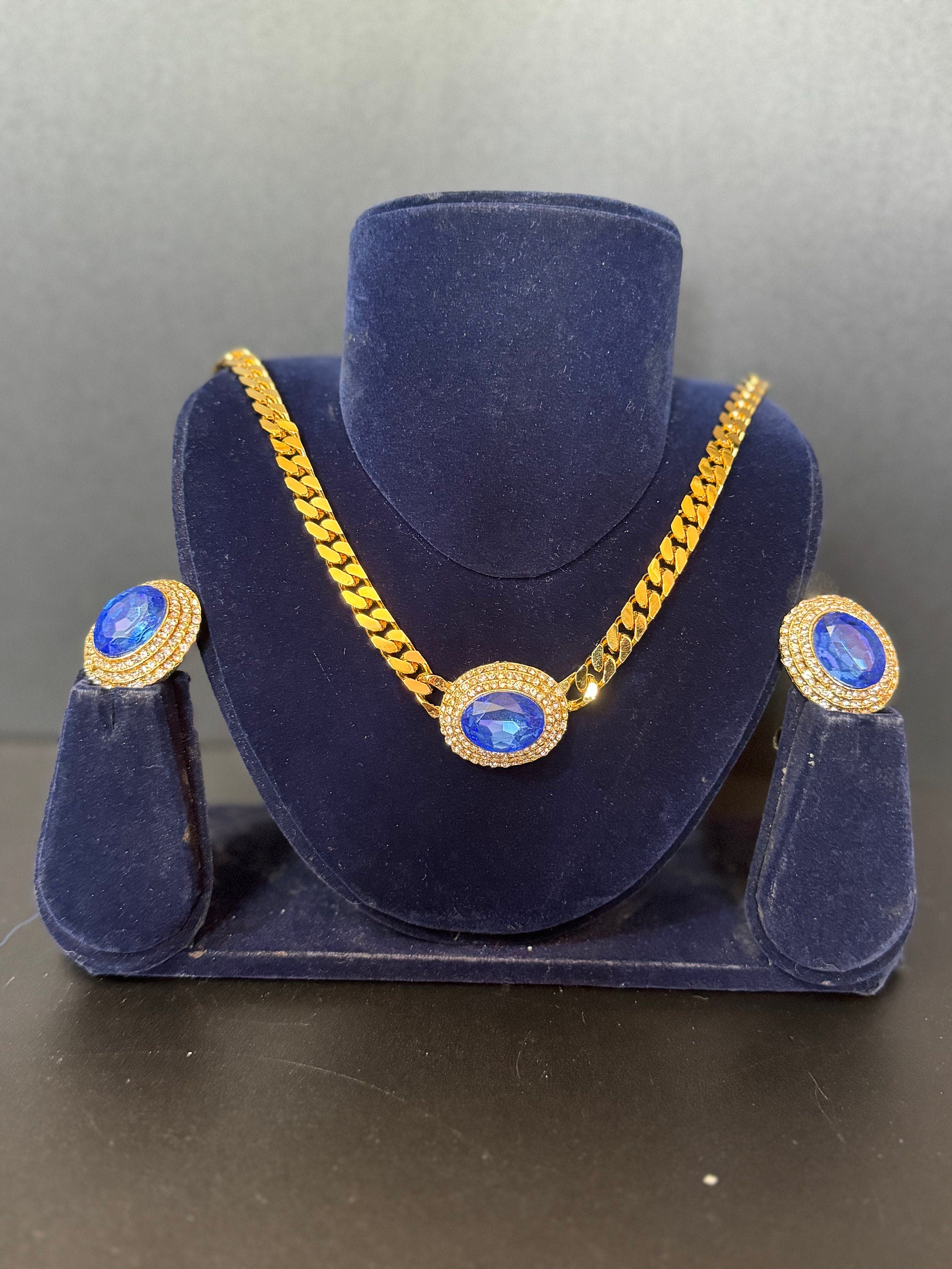 Vintage sapphire blue clear genuine Swarovski crystal oval gold tone necklace and oversized clip on earrings jewellery set