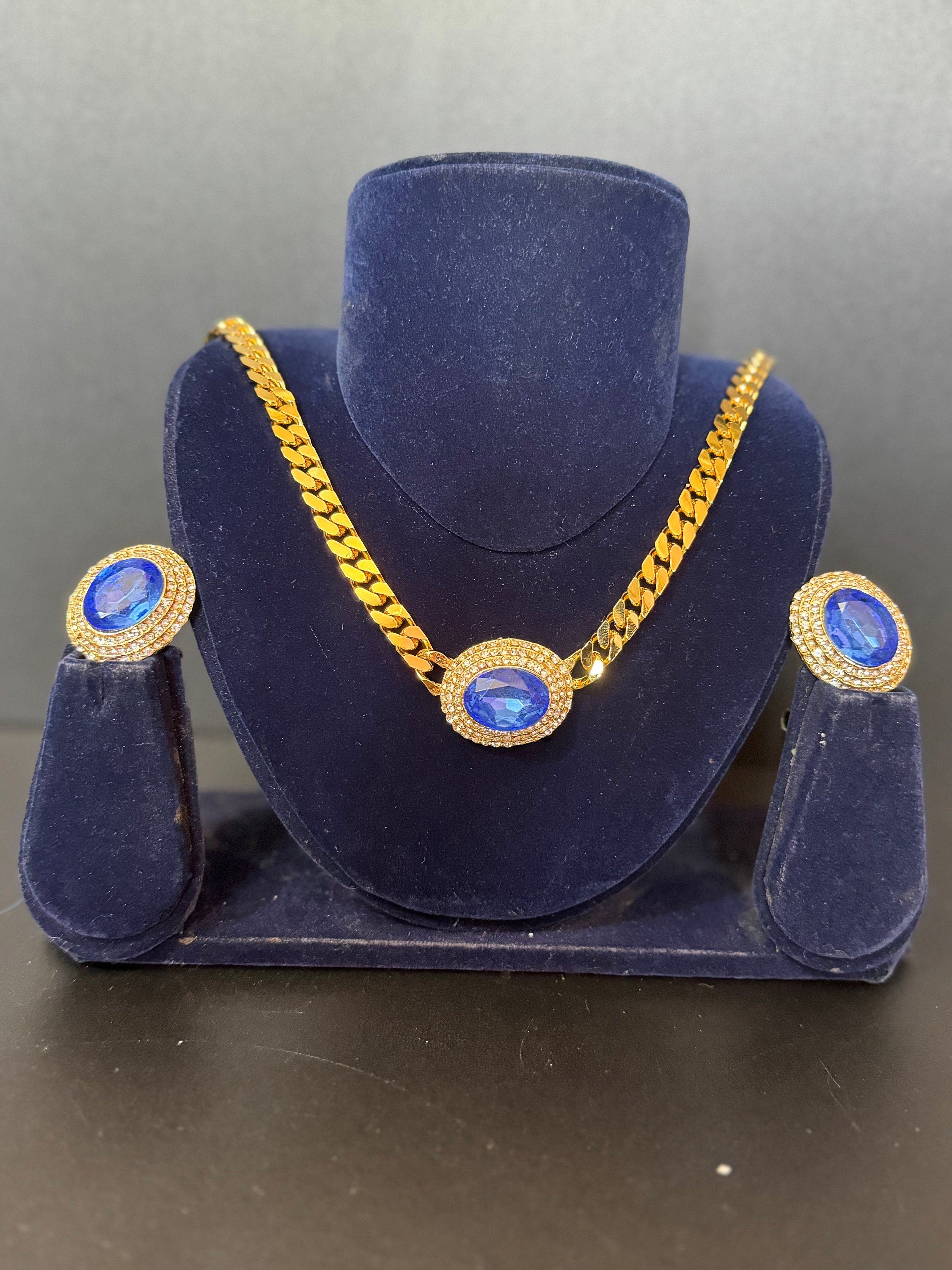 Vintage sapphire blue clear genuine Swarovski crystal oval gold tone necklace and oversized clip on earrings jewellery set