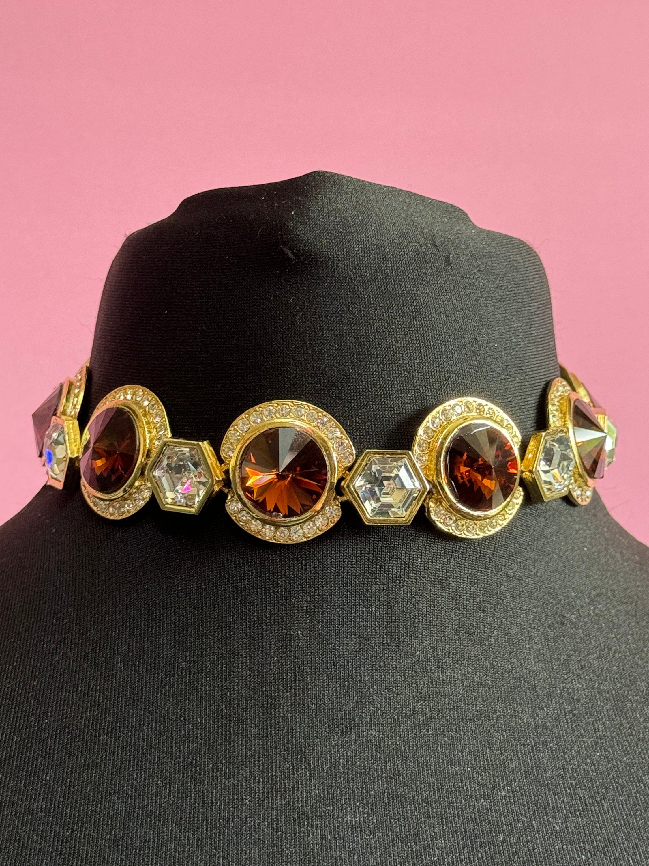 High end Vintage Swarovski Crystal gold tone cognac brown and clear rivoli set rhinestone wide statement choker necklace old shop stock