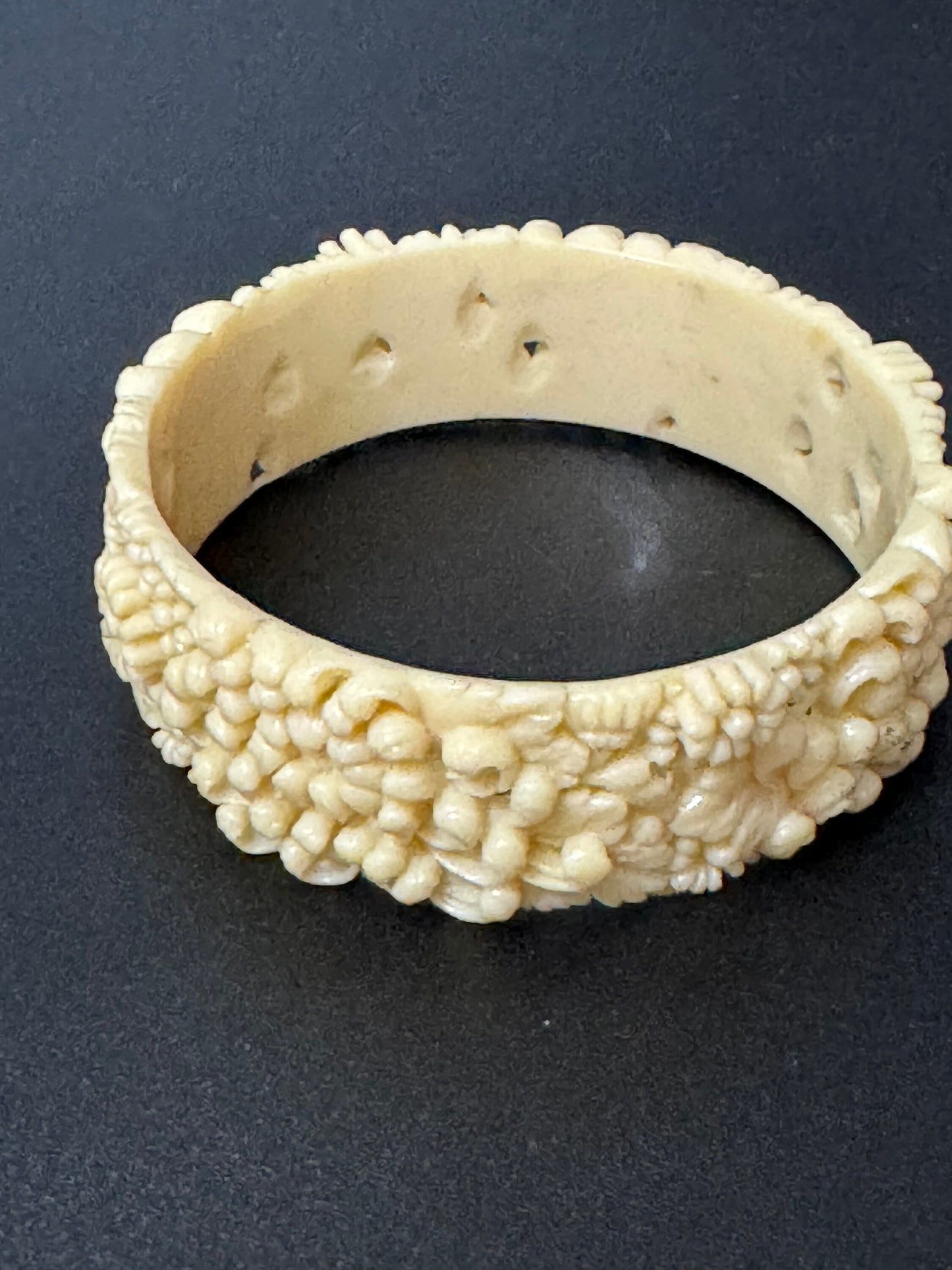 Antique Vintage Early Plastic Faux Bone Horn Celluloid Carved Detailed Floral Bangle Bracelet