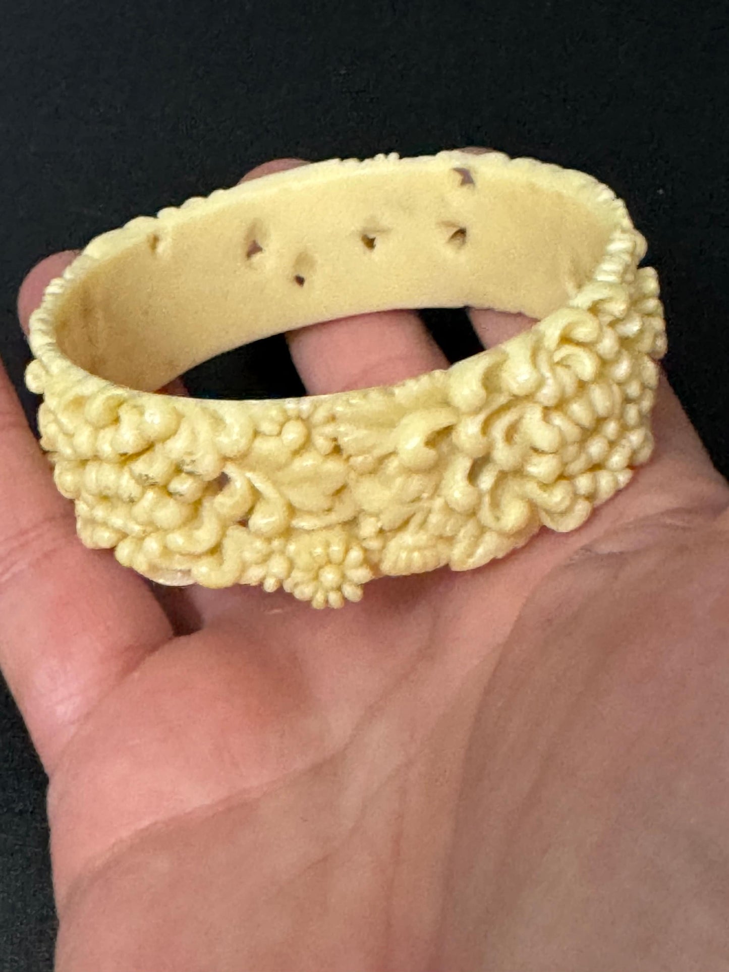 Antique Vintage Early Plastic Faux Bone Horn Celluloid Carved Detailed Floral Bangle Bracelet