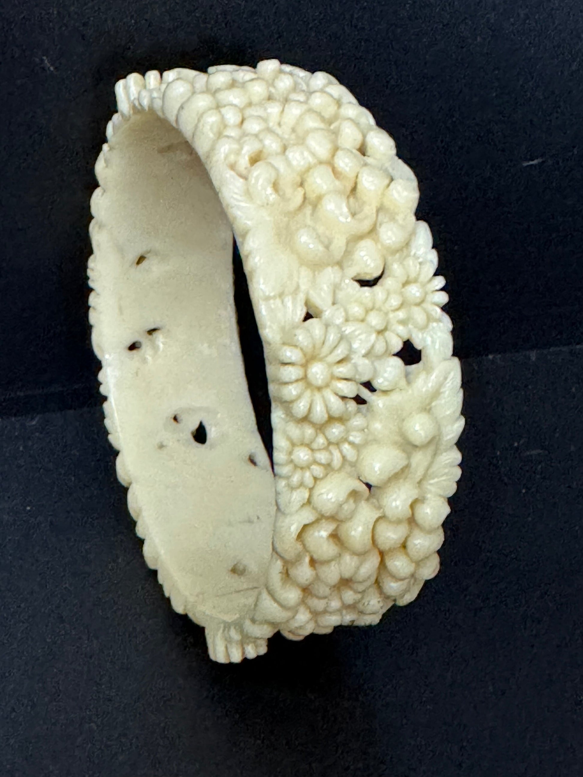 Antique Vintage Early Plastic Faux Bone Horn Celluloid Carved Detailed Floral Bangle Bracelet