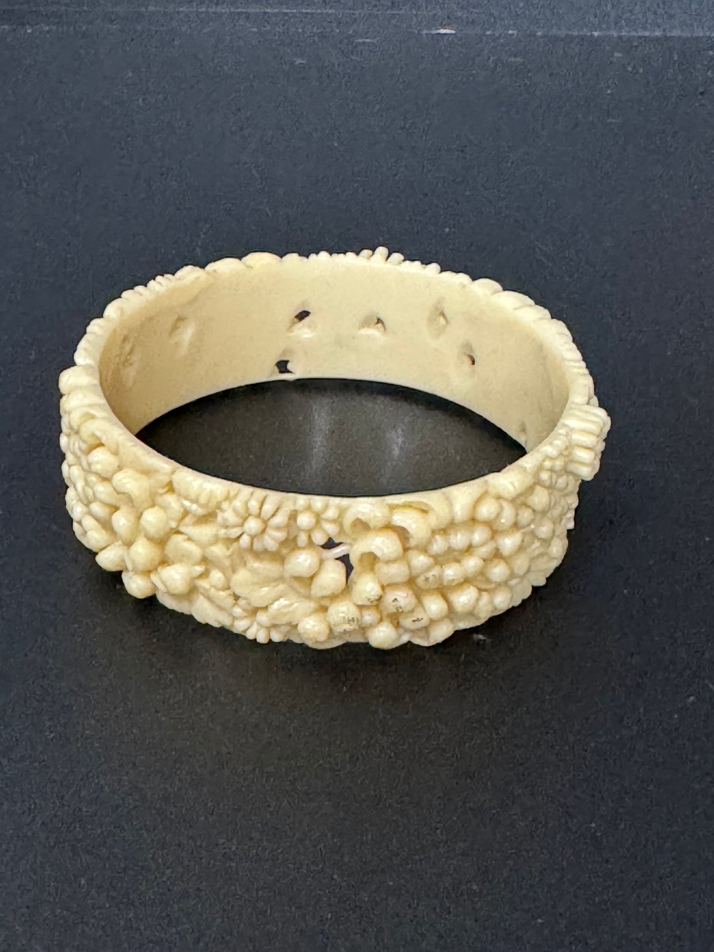 Antique Vintage Early Plastic Faux Bone Horn Celluloid Carved Detailed Floral Bangle Bracelet