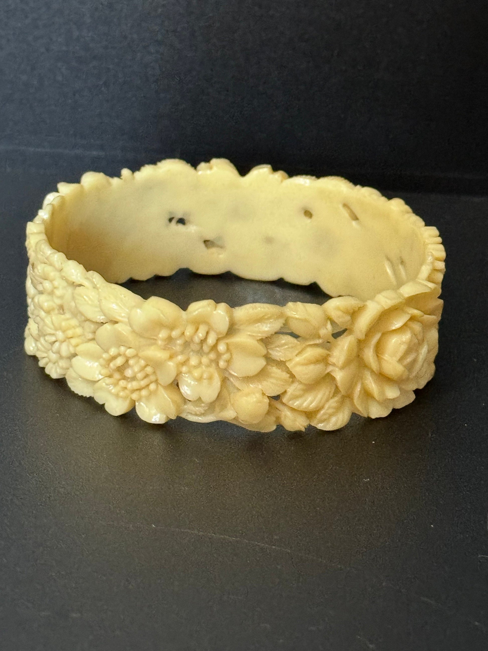 Antique Vintage Early Plastic Faux Bone Horn Celluloid Carved Detailed Floral Bangle Bracelet