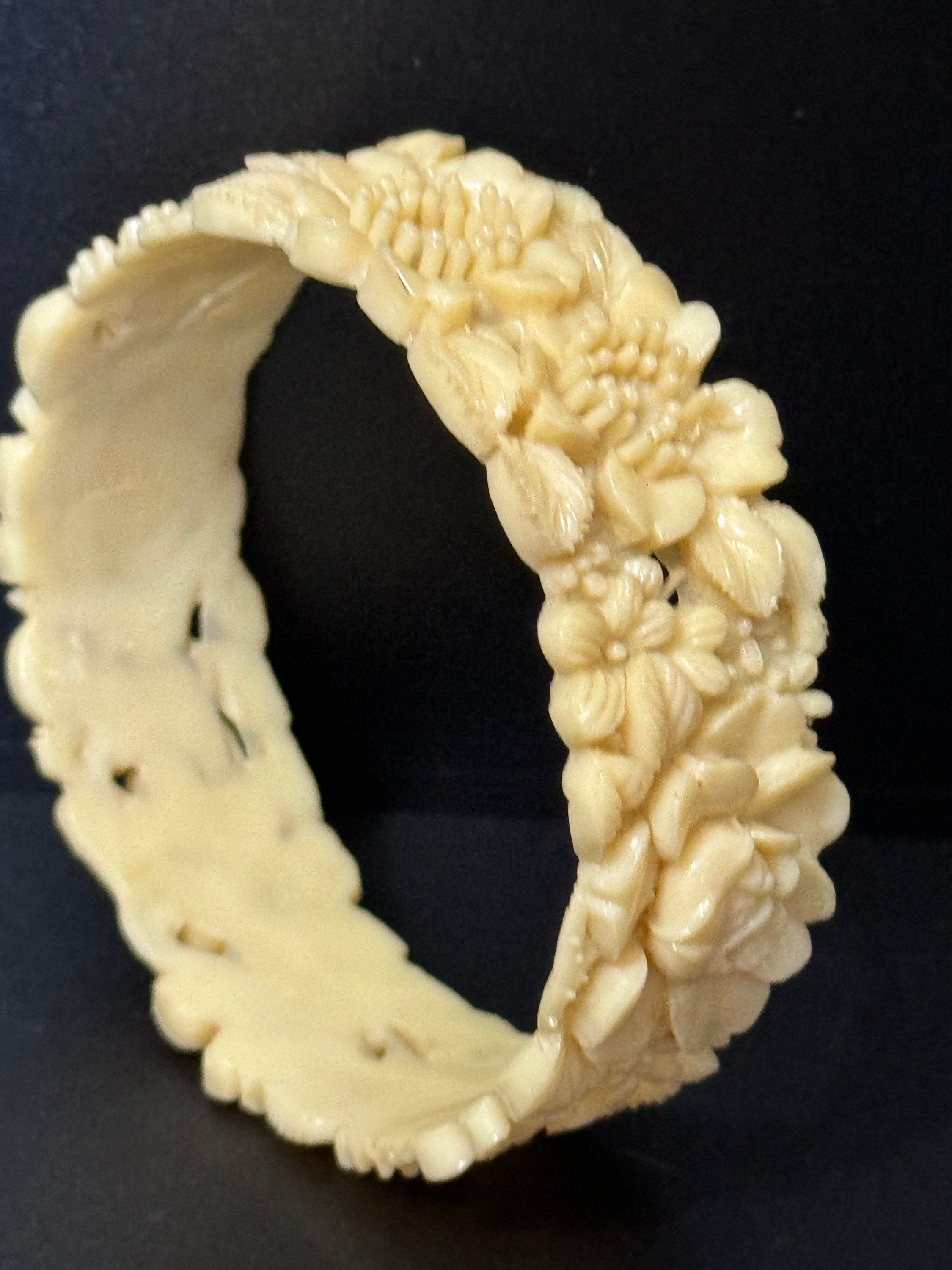 Antique Vintage Early Plastic Faux Bone Horn Celluloid Carved Detailed Floral Bangle Bracelet