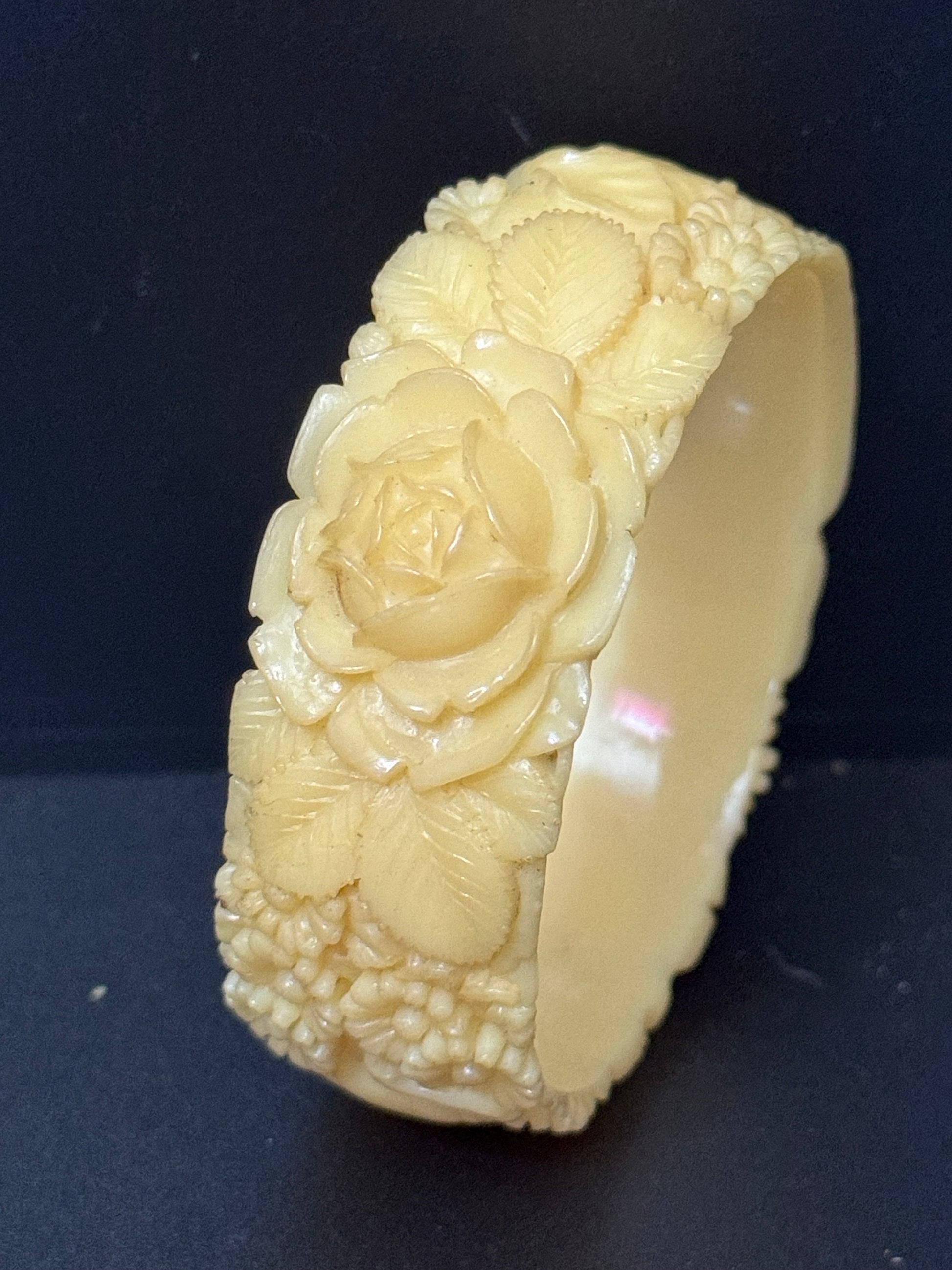 Antique Vintage Early Plastic Faux Bone Horn Celluloid Carved Detailed Floral Bangle Bracelet