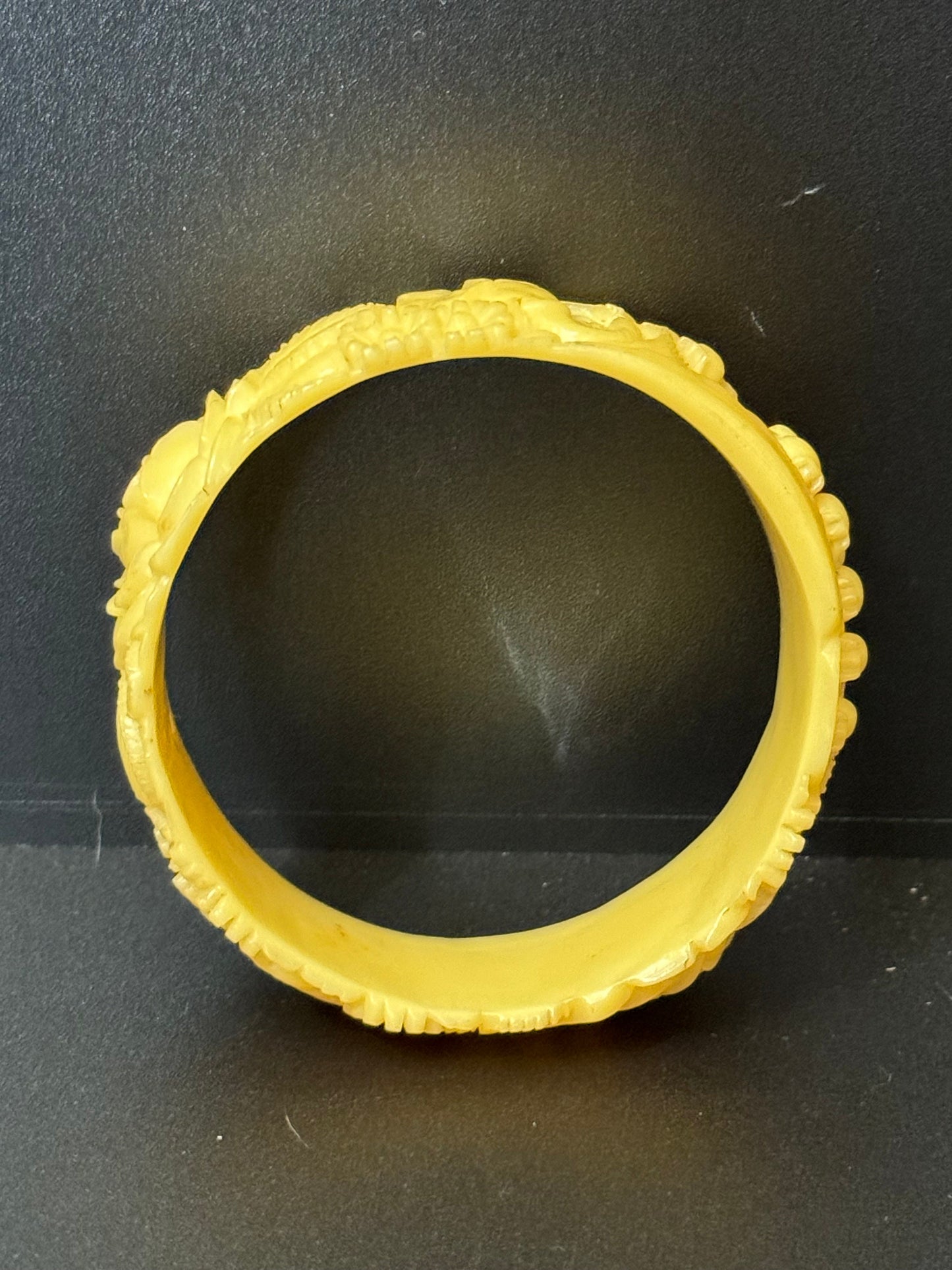 Antique Vintage Early Plastic Faux Bone Horn Celluloid Carved Detailed Floral Bangle Bracelet