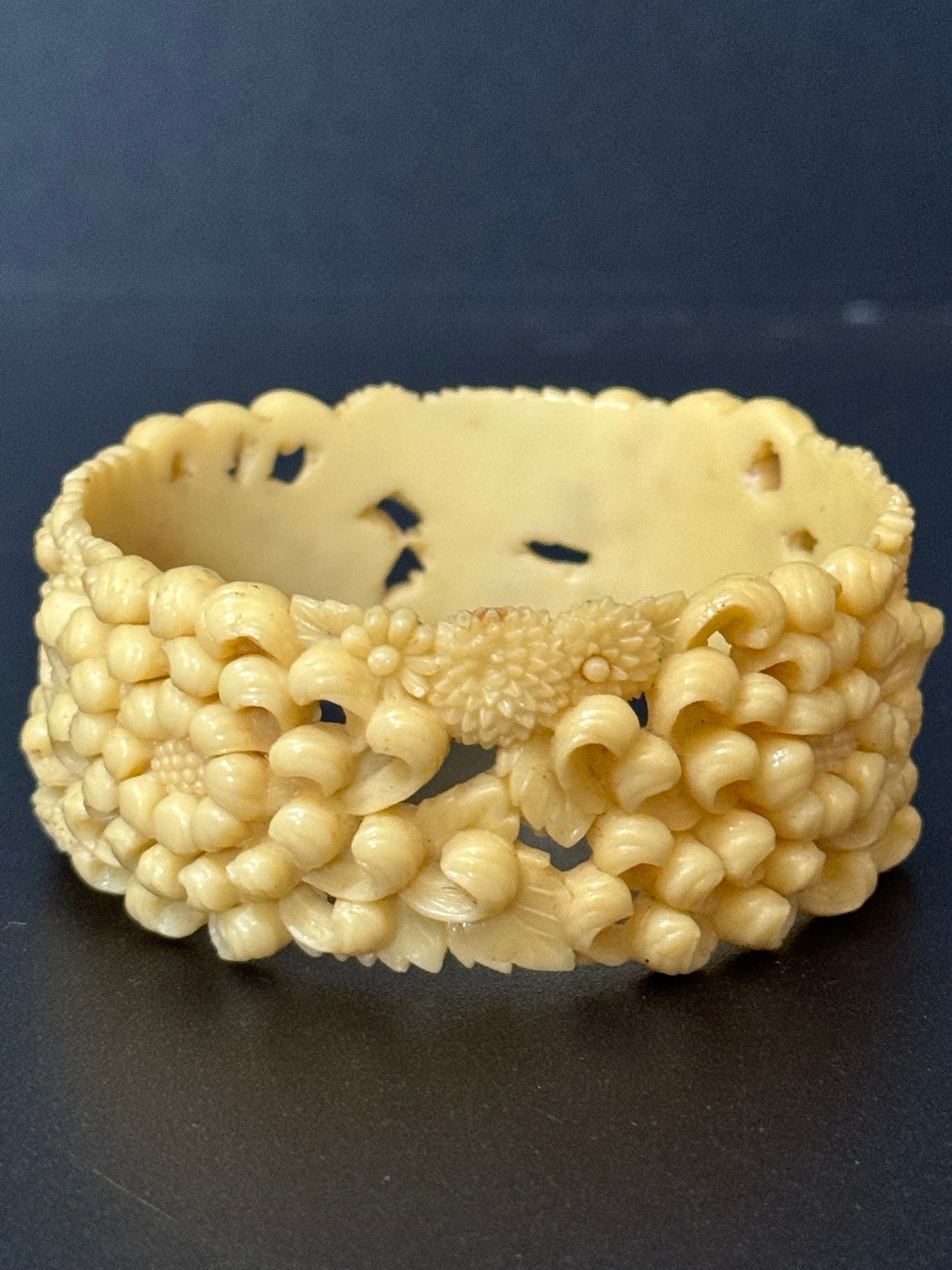 Antique Vintage Early Plastic Faux Bone Horn Celluloid Carved Detailed Floral Bangle Bracelet