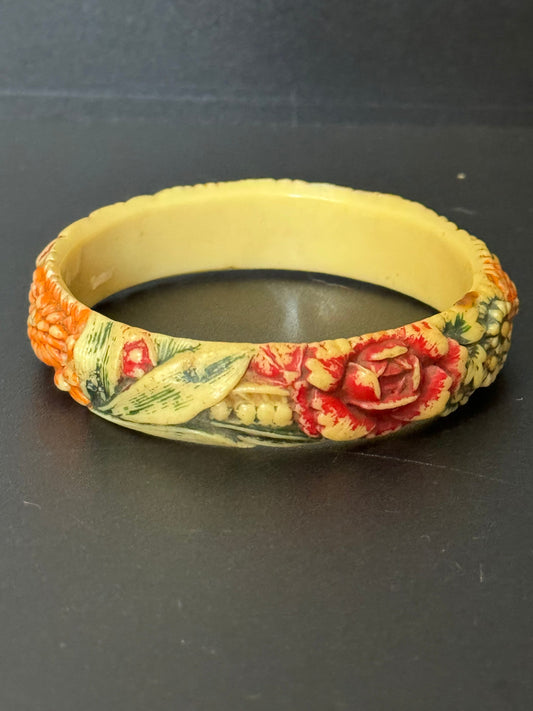 Art Deco Antique Vintage Early Plastic Celluloid Carved Bangle Cream red green tones