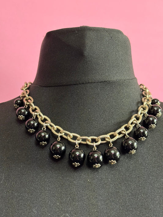 modernist vintage dark silver tone black beaded beaded collar choker necklace 48cm weighty