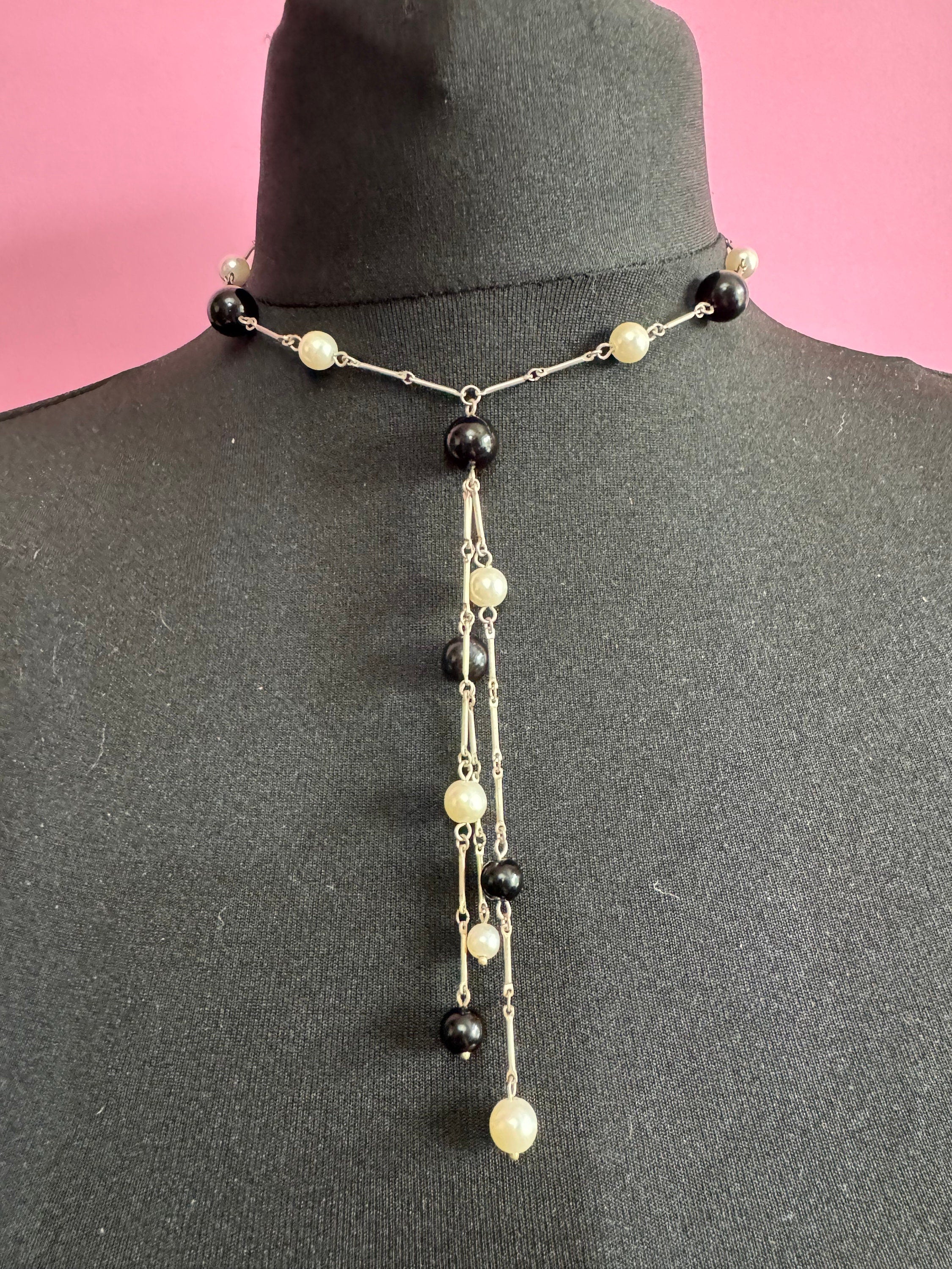 Vintage silver tone bar, faux pearl, black beaded station link tassel chain necklace 40-48cm long with 16cm drop