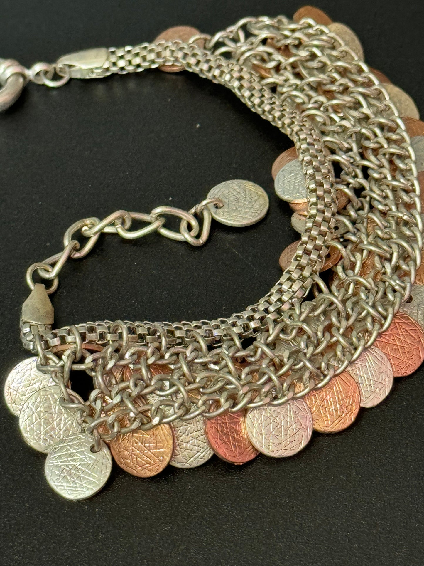 Brutalist silver and copper tone metal textured discs mesh chain link bracelet retro modernist 21cm