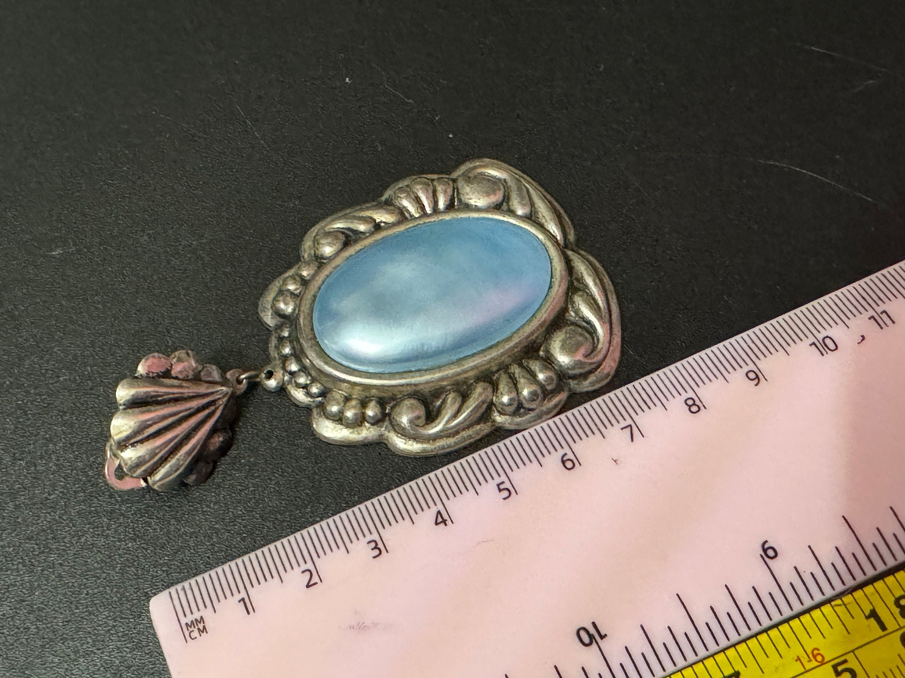 True vintage oversized 8cm Silver tone pale blue oval cabochon clip on dangly drop earrings