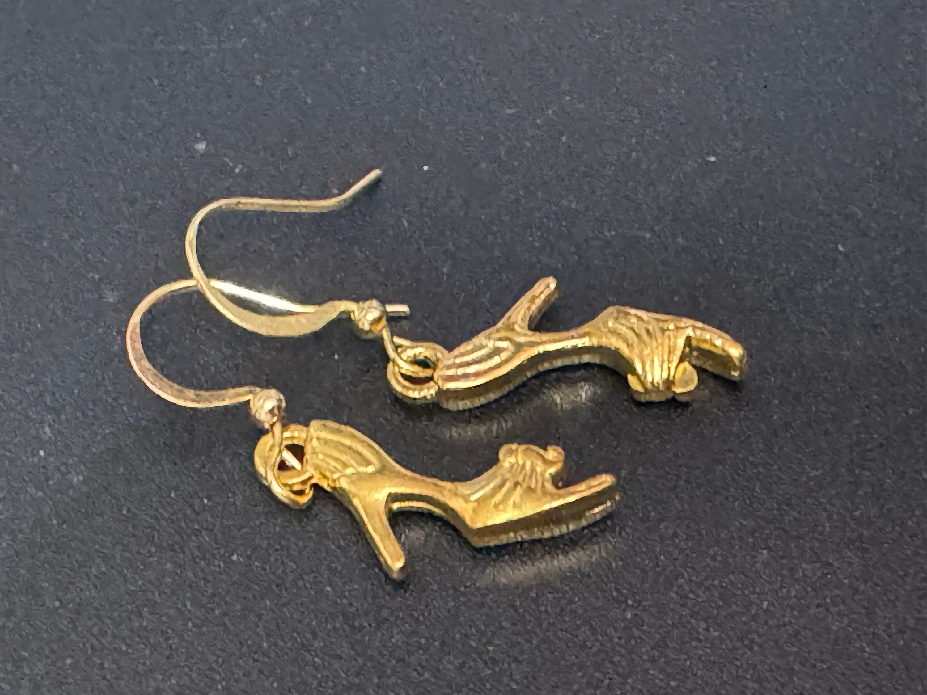 Gold tone stiletto high heeled shoe drop earrings for pierced ears