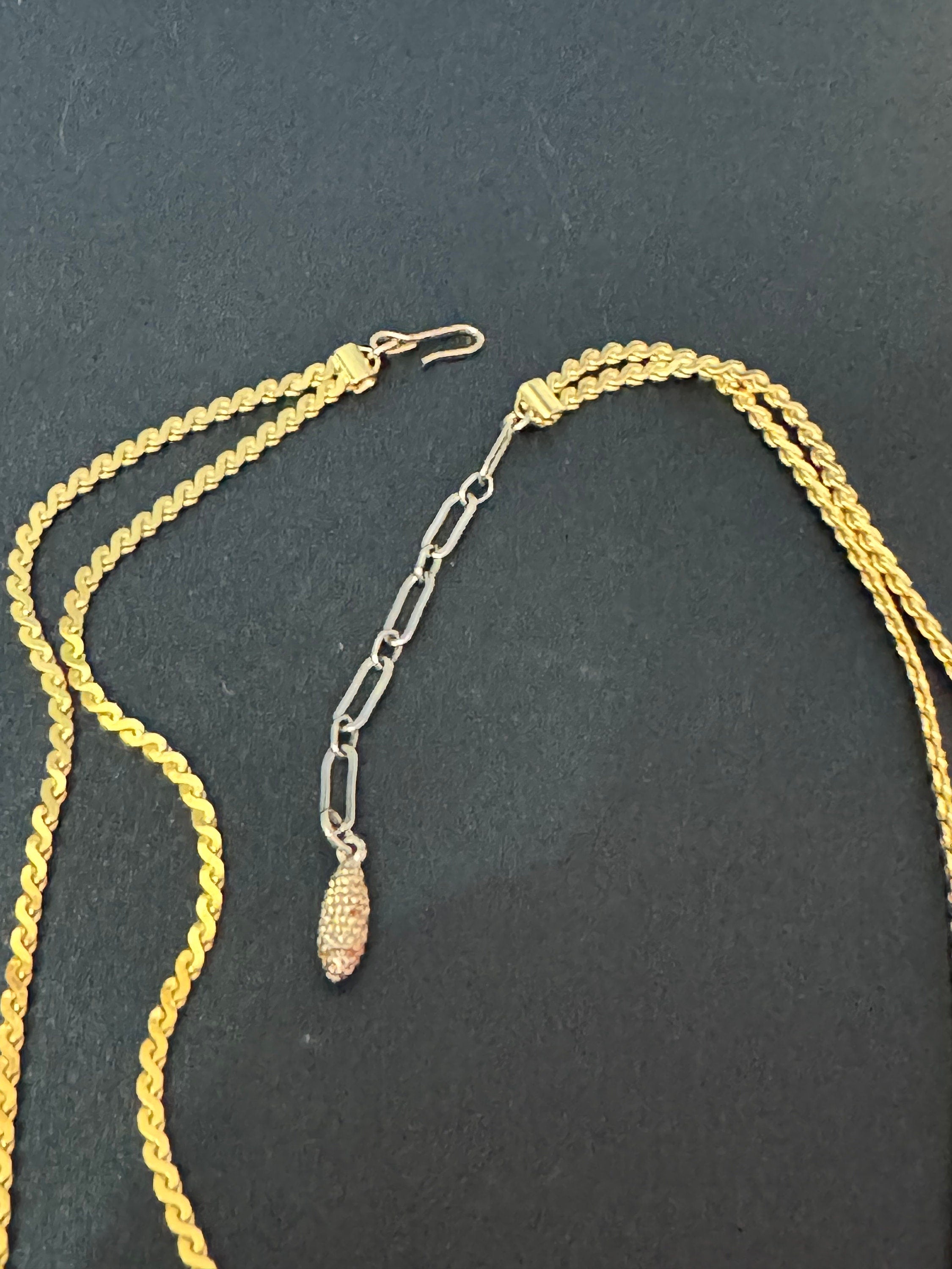 Vintage gold plated double flat woven pendant necklace chain with opaline cabochon dropper 41-46cm