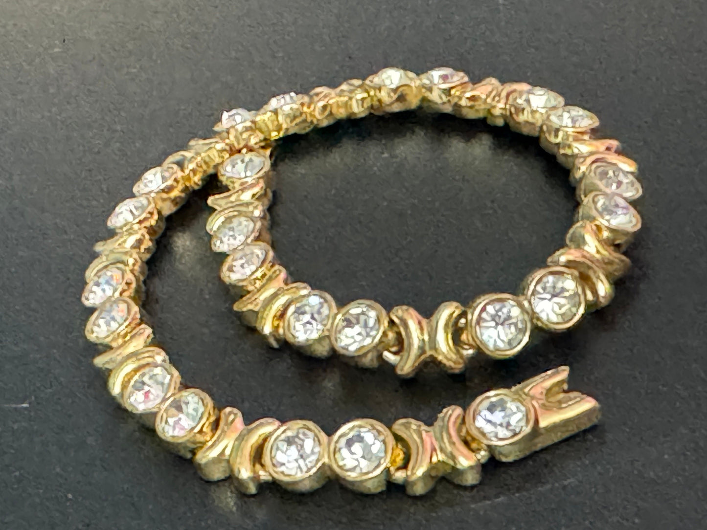 Vintage clear diamanté Crystal XO bezel set gold plated tennis bracelet 21cm unisex