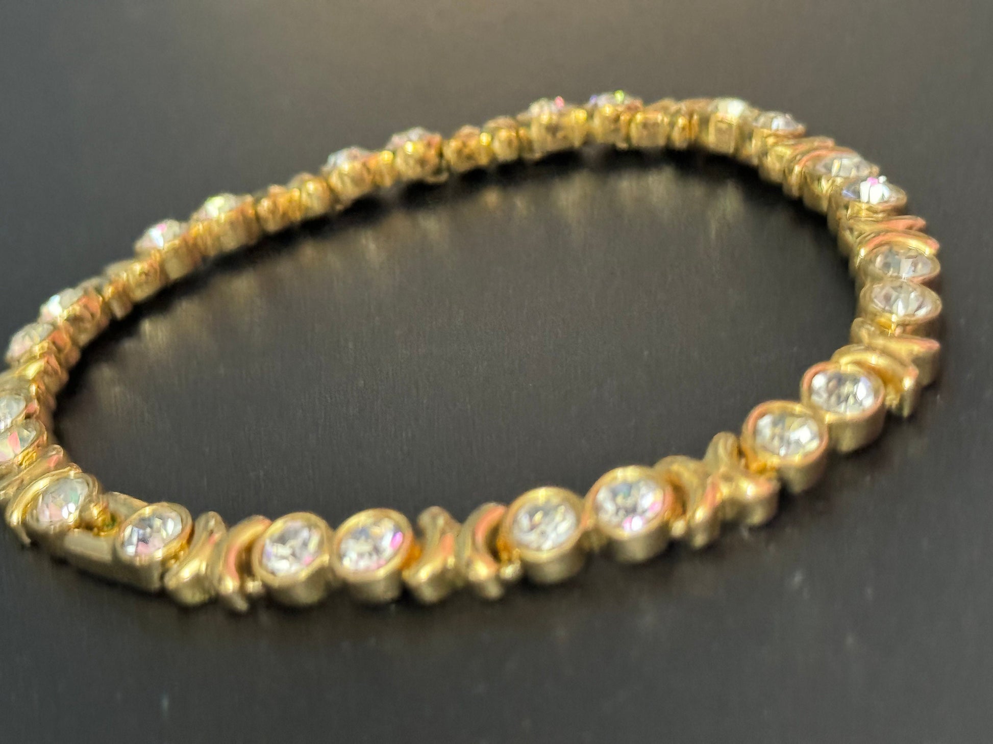 Vintage clear diamanté Crystal XO bezel set gold plated tennis bracelet 21cm unisex