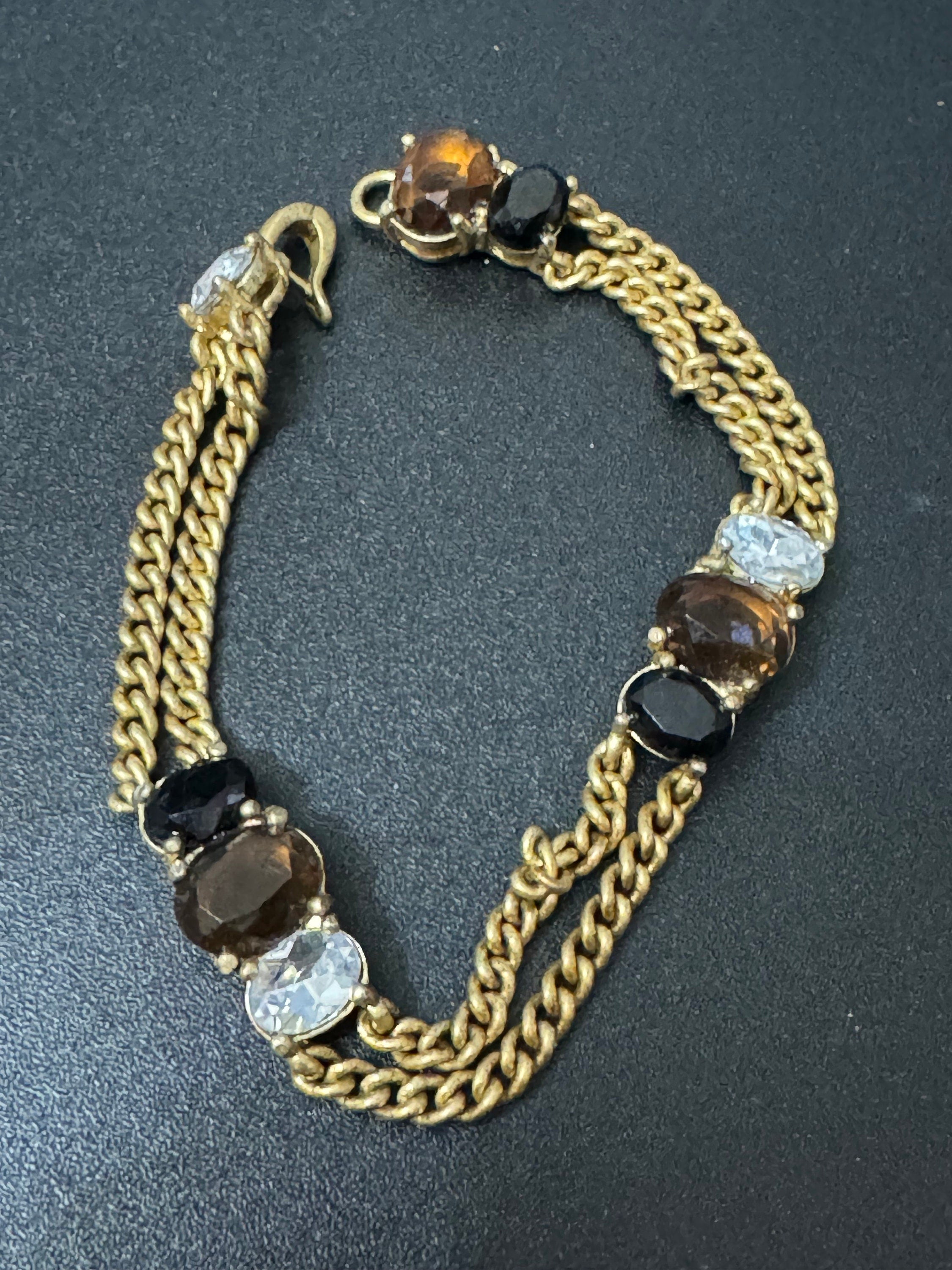 Vintage designer MONET signed gold tone brown diamanté rhinestone Matt antique gold tone chain bracelet