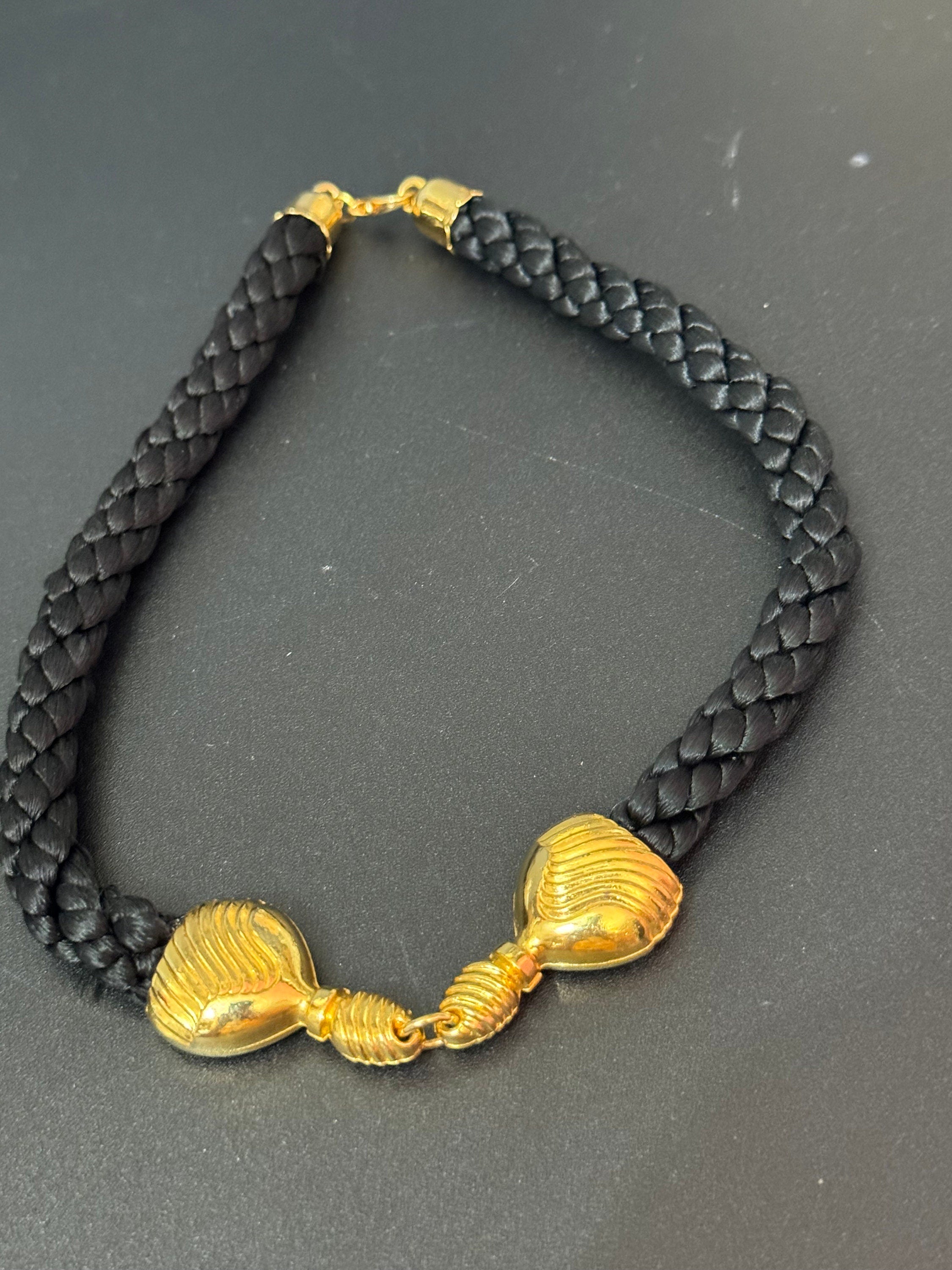 Vintage signed Ted Lapidus choker necklace Designed for the 1984 perfume Creation black woven rope with gold tone accents 38cm