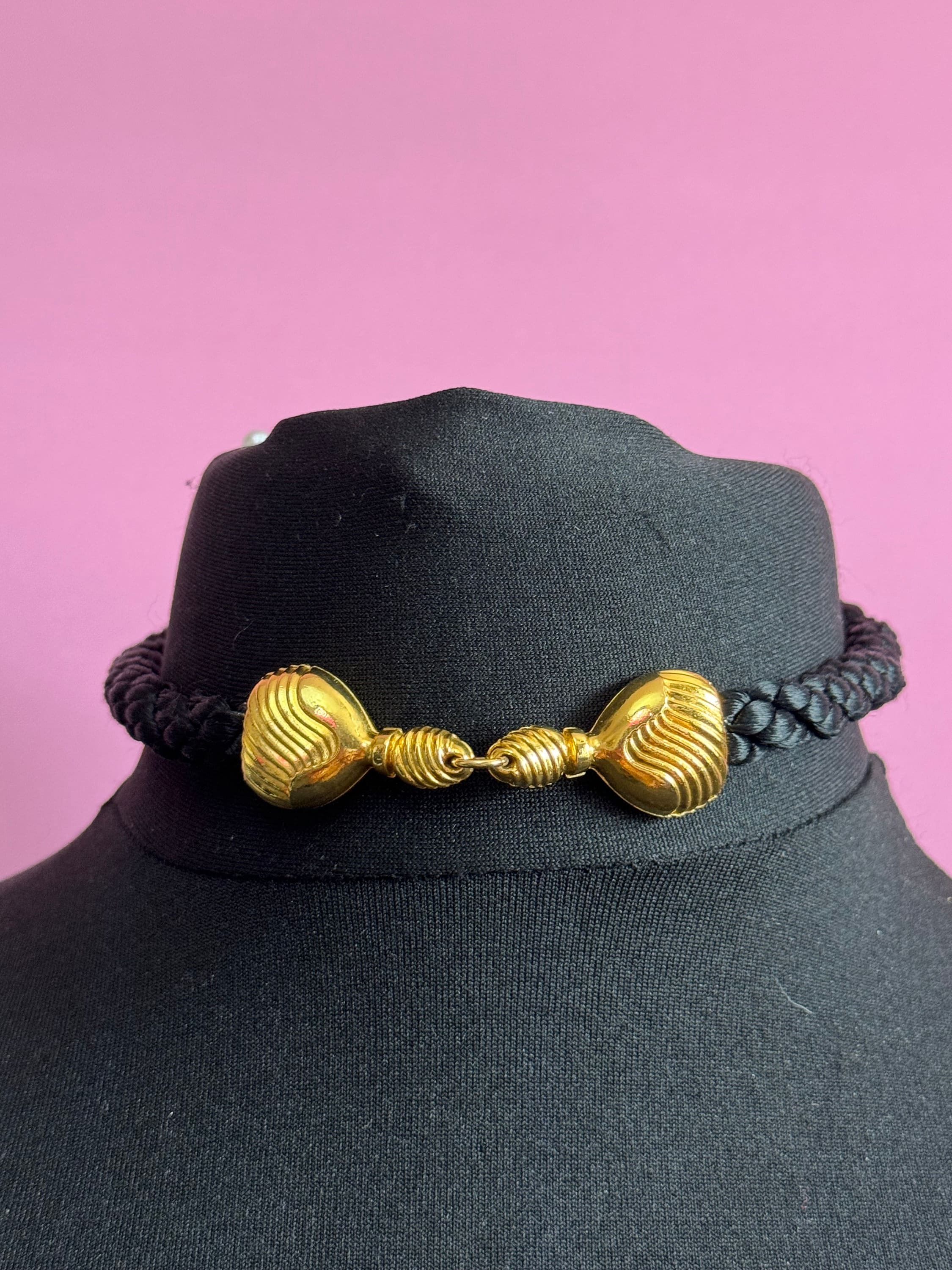 Vintage signed Ted Lapidus choker necklace Designed for the 1984 perfume Creation black woven rope with gold tone accents 38cm