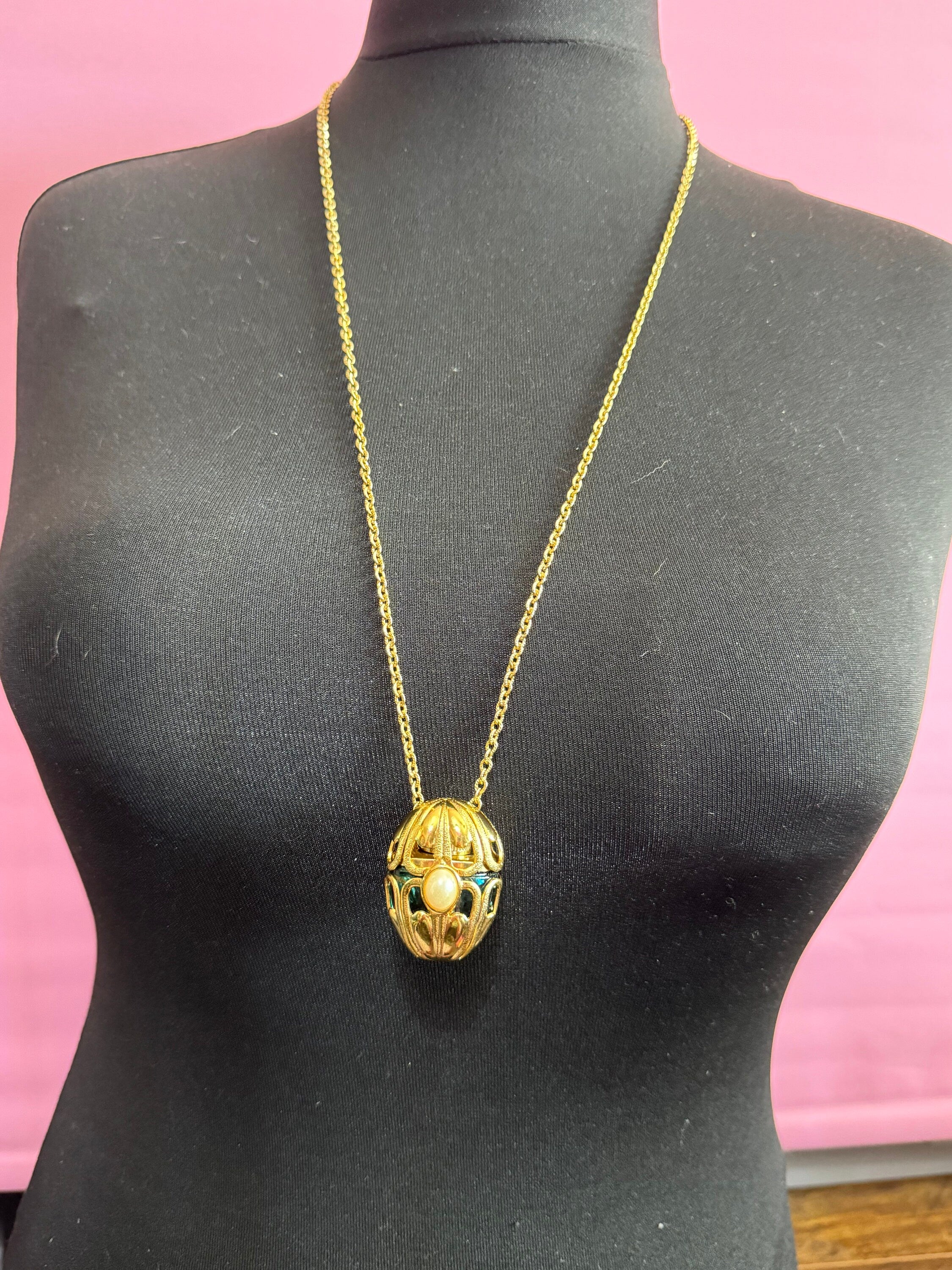 Vintage AVON signed gold tone faux pearl cabochon caged perfume bottle pendant on  80cm chain