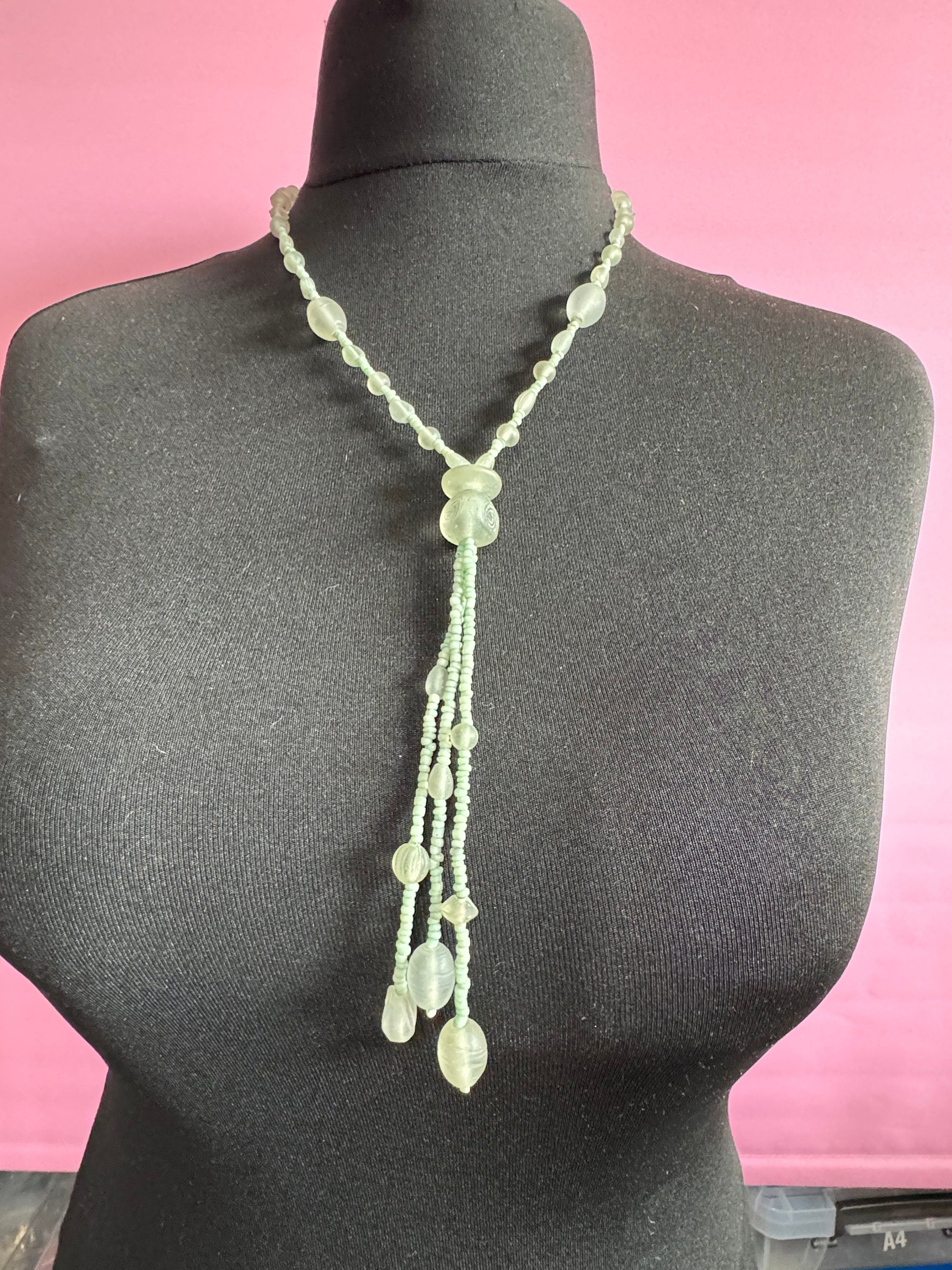 Signed MARC LABAT designer sea green opaque glass beaded tassel necklace 55cm