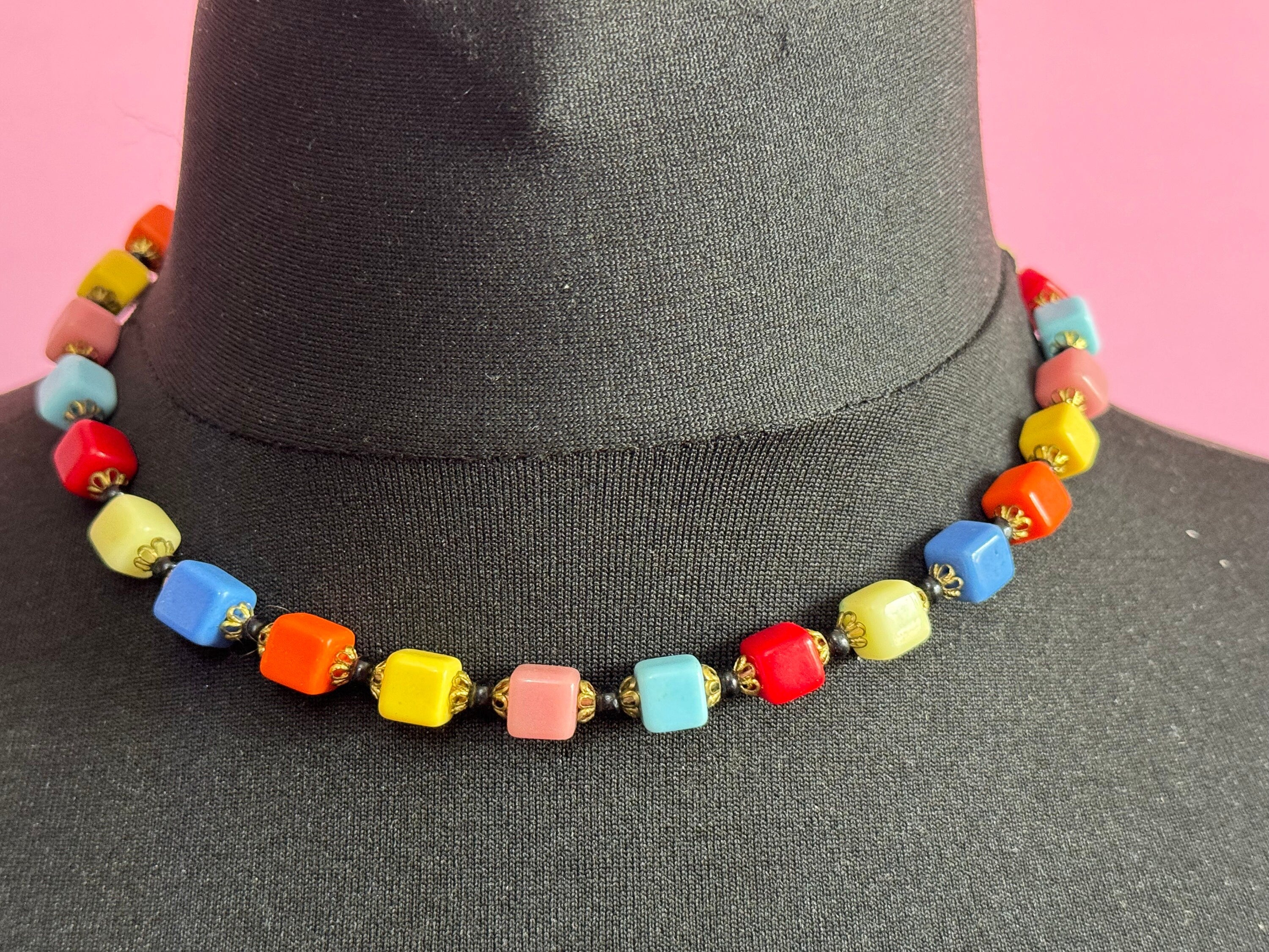 Vintage ceramic harlequin square beaded necklace rainbow red pink blue green yellow  beads  44cm