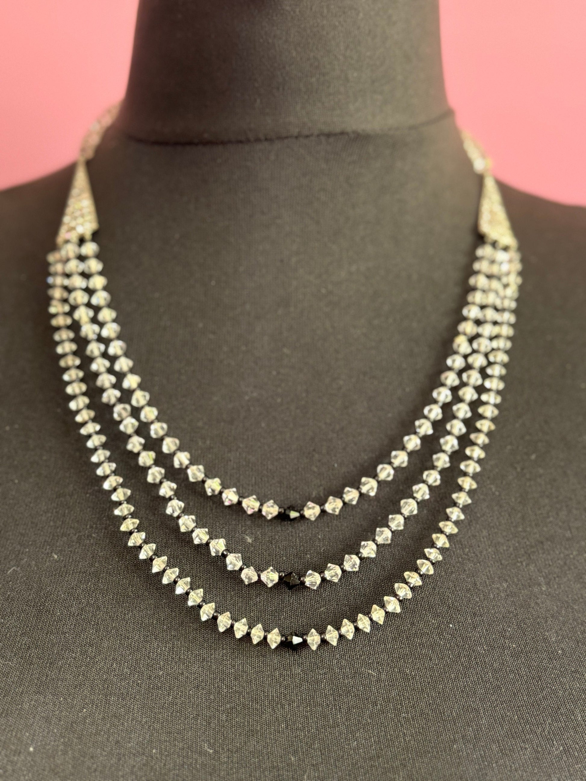 Antique art deco dainty 3 row clear diamante crystal necklace Petite 1950s black and clear glass