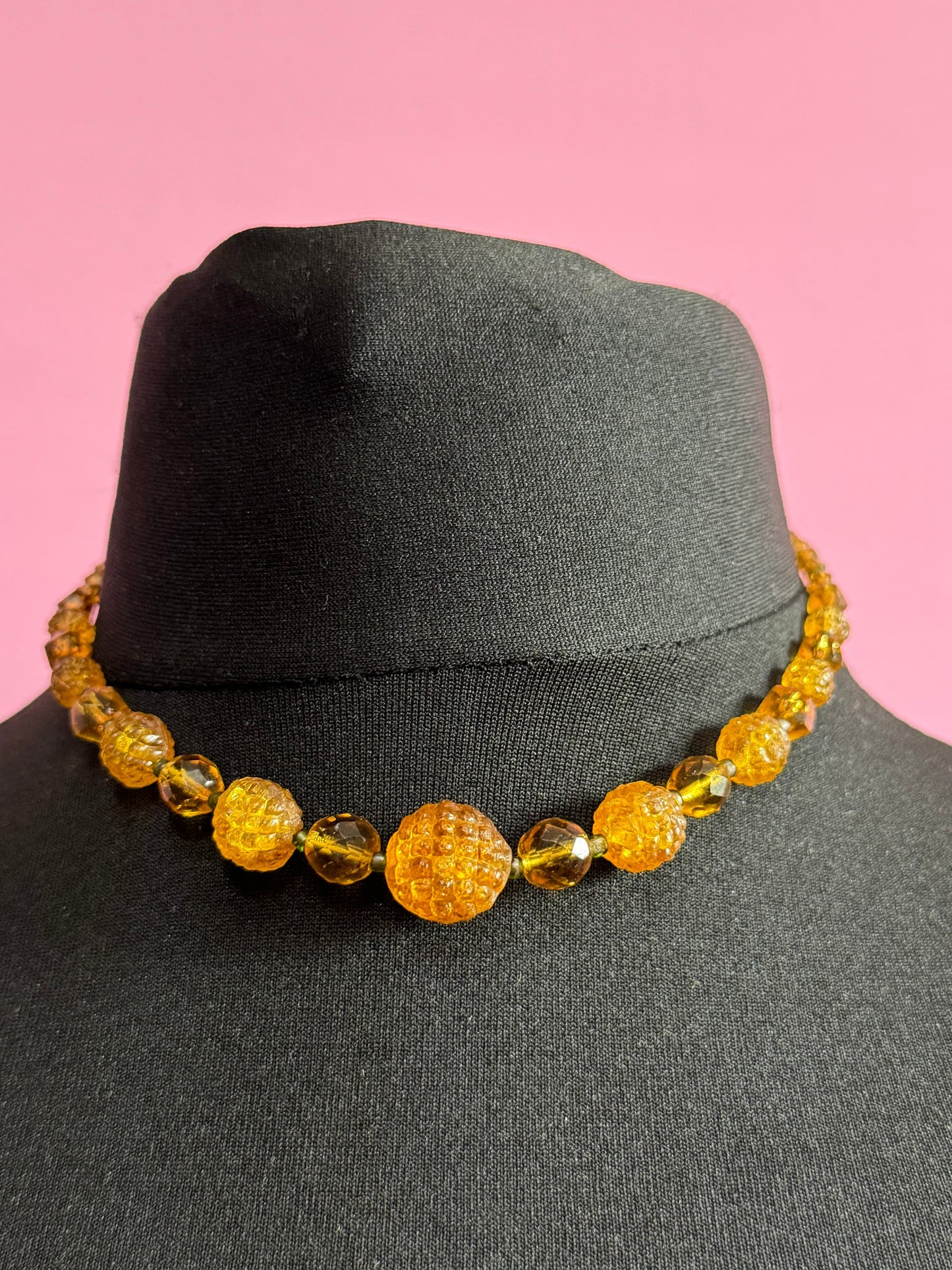 Antique soft pale amber orange citrine coloured glass moulded crystal Art Deco beaded necklace 1920s 1930s gatsby