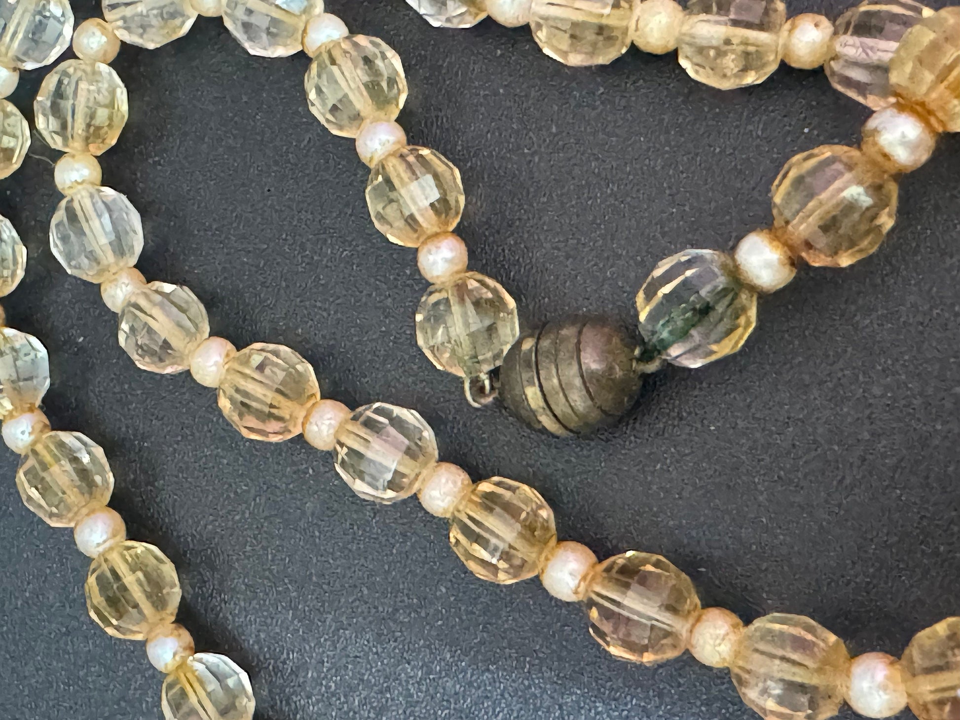 Antique soft pale orange yellow citrine coloured glass faceted crystal Art Deco beaded necklace 1920s 1930s