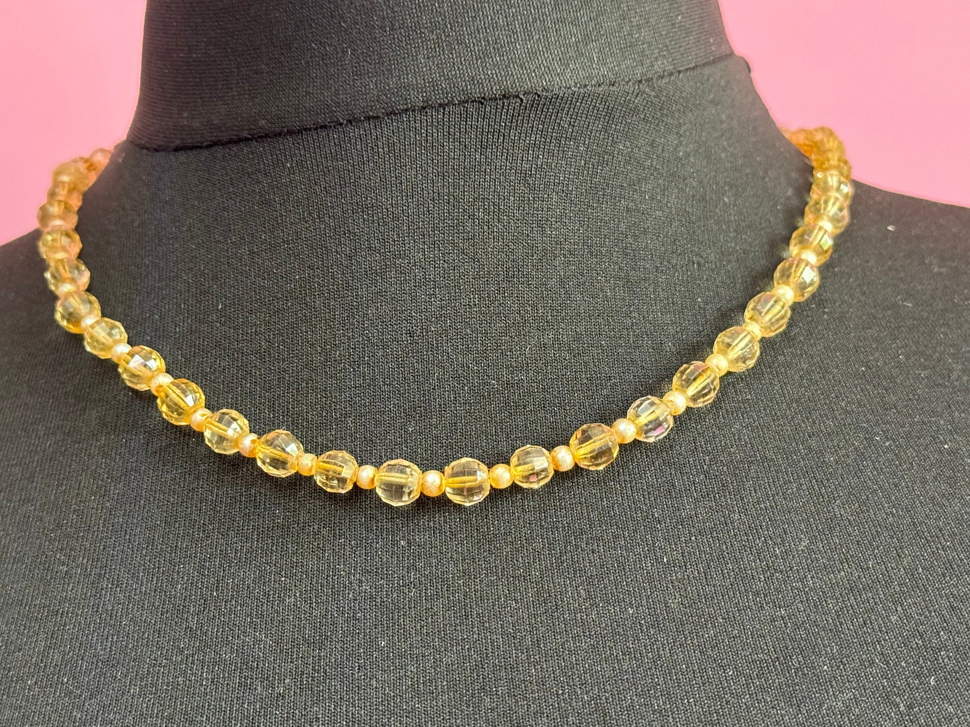 Antique soft pale orange yellow citrine coloured glass faceted crystal Art Deco beaded necklace 1920s 1930s