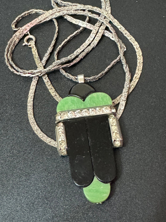 Art Deco Modernist galalith green black early plastic clear diamanté pendant on later silver tone long 90cm flat chain