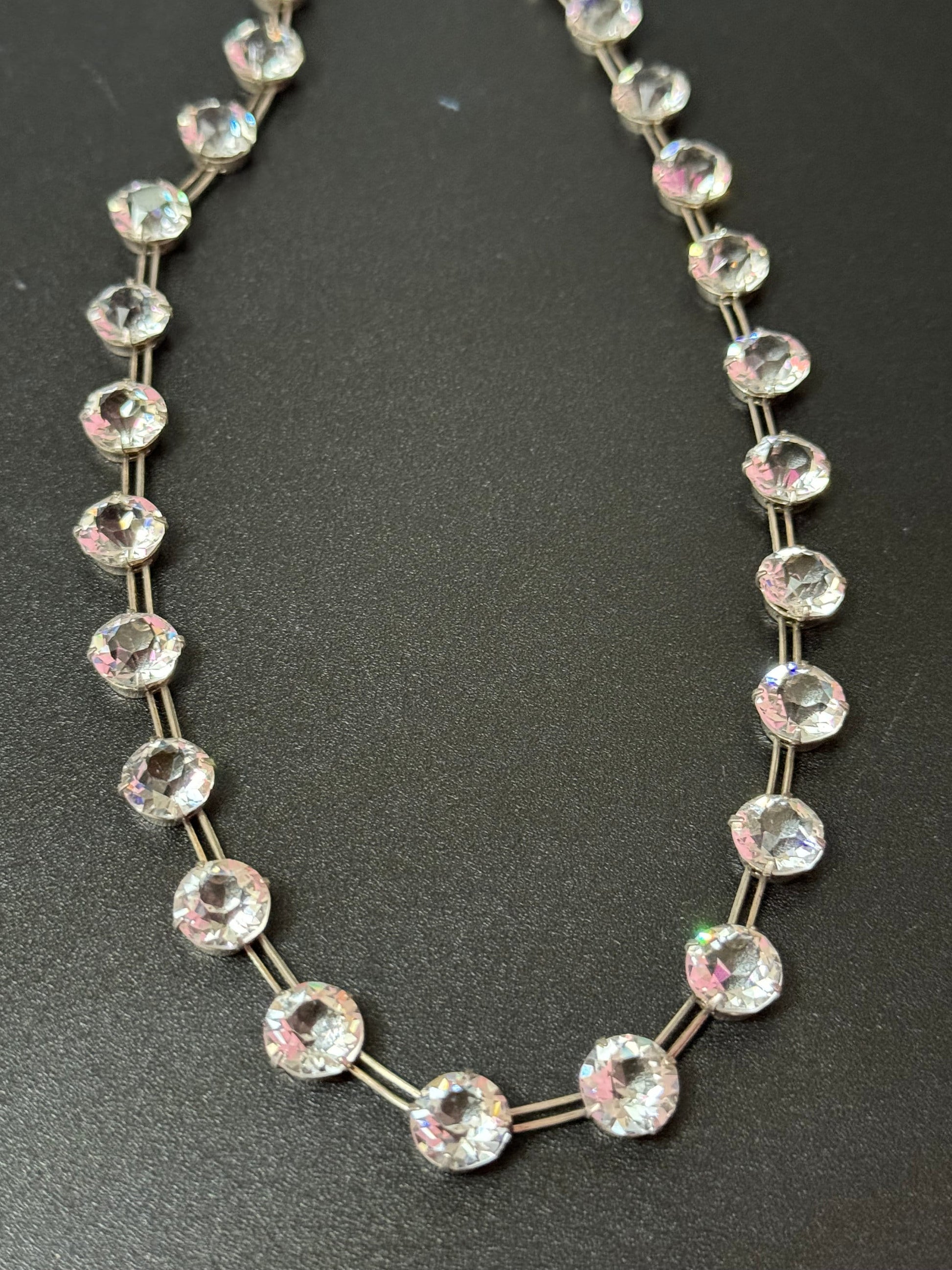 39cm petite fit Art Deco sterling silver open back crystal clear diamanté Paste Rhinestone glass necklace 1920s