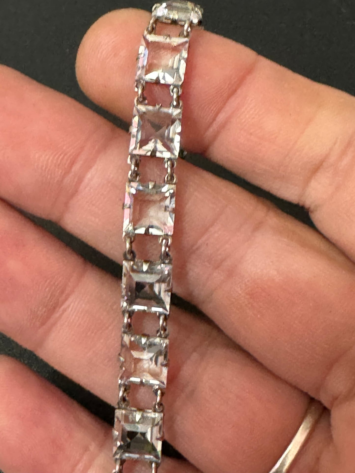 Antique open back clear crystal square stones chain link Art Deco bracelet 18cm