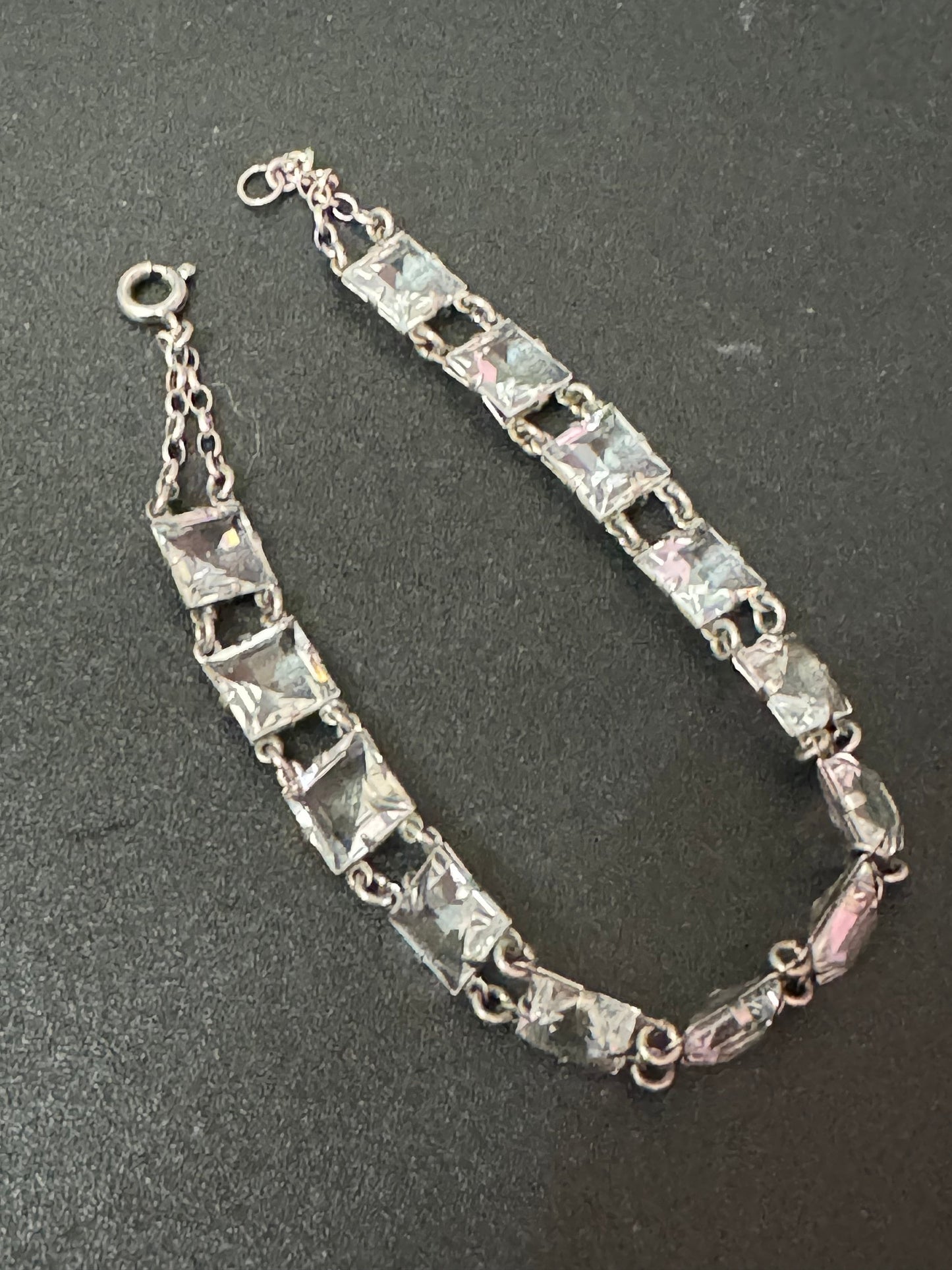 Antique open back clear crystal square stones chain link Art Deco bracelet 18cm