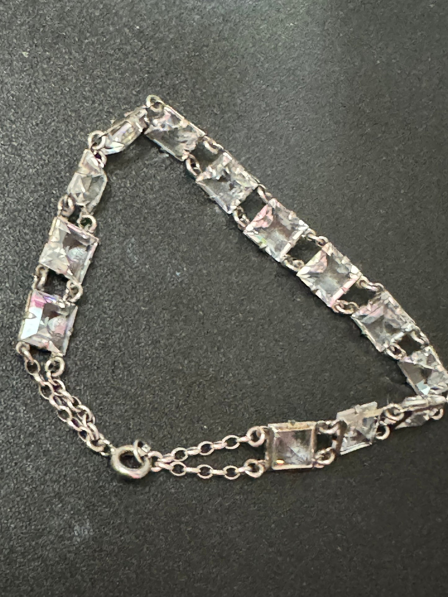 Antique open back clear crystal square stones chain link Art Deco bracelet 18cm