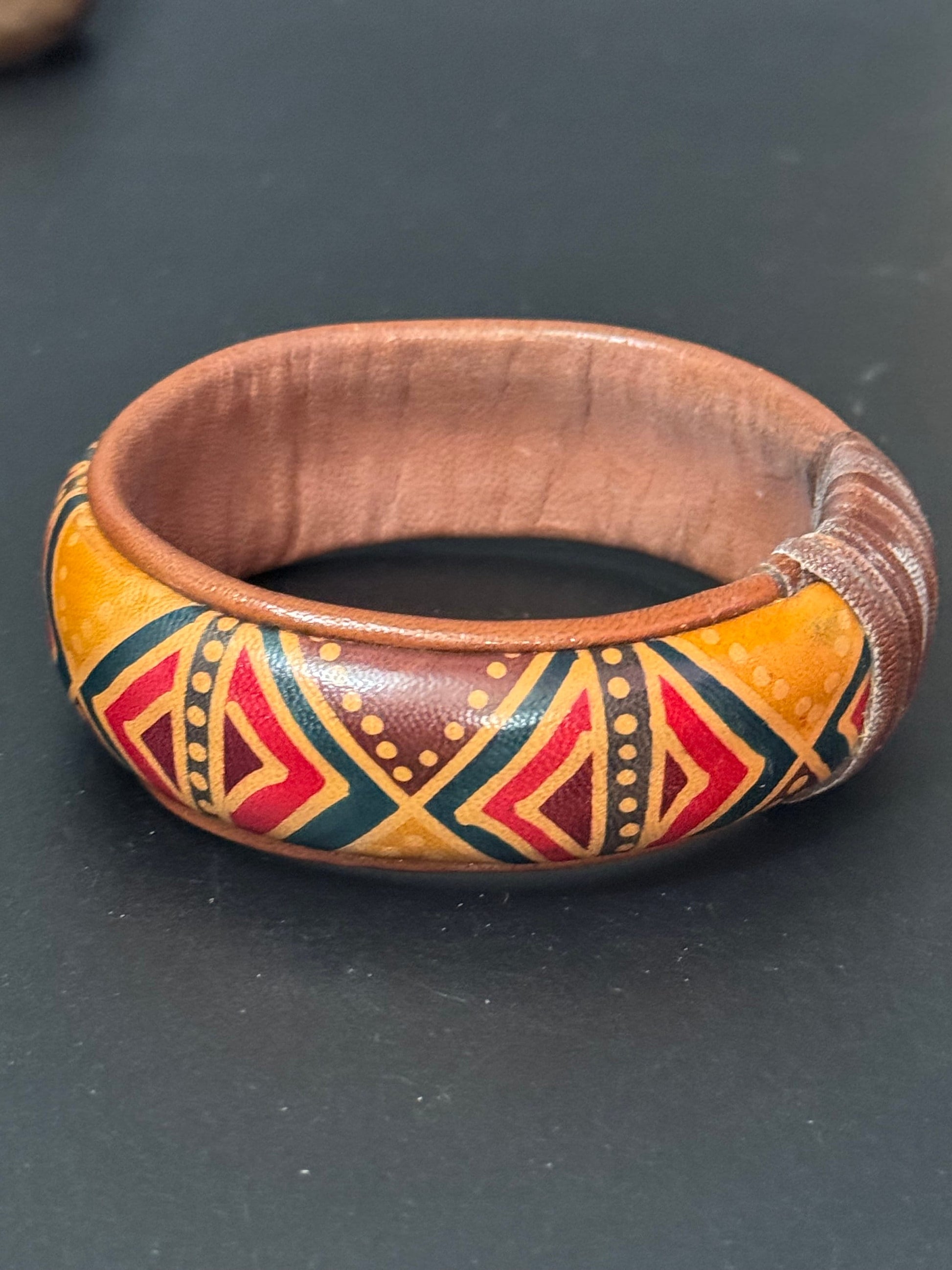 Australian African colourful print tribal leather on wood wide cuff bangle bracelet stacking layering Vintage retro red green brown