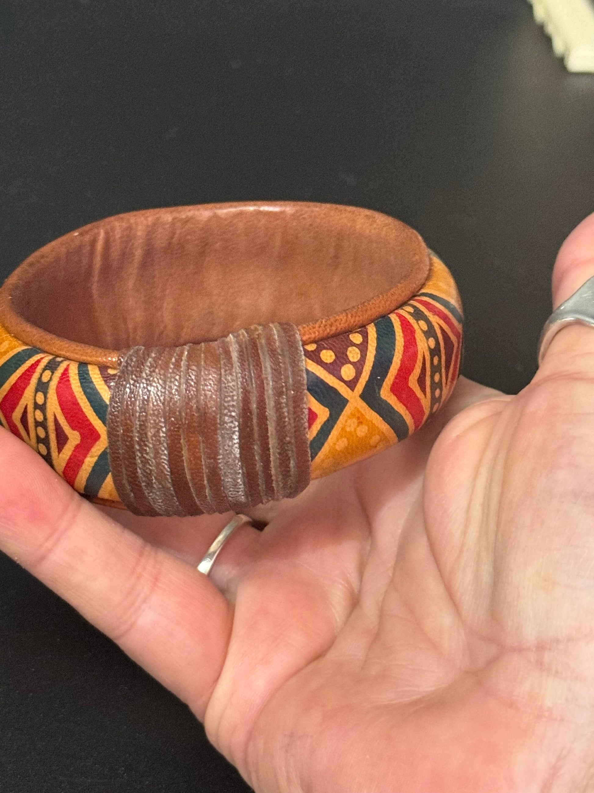 Australian African colourful print tribal leather on wood wide cuff bangle bracelet stacking layering Vintage retro red green brown