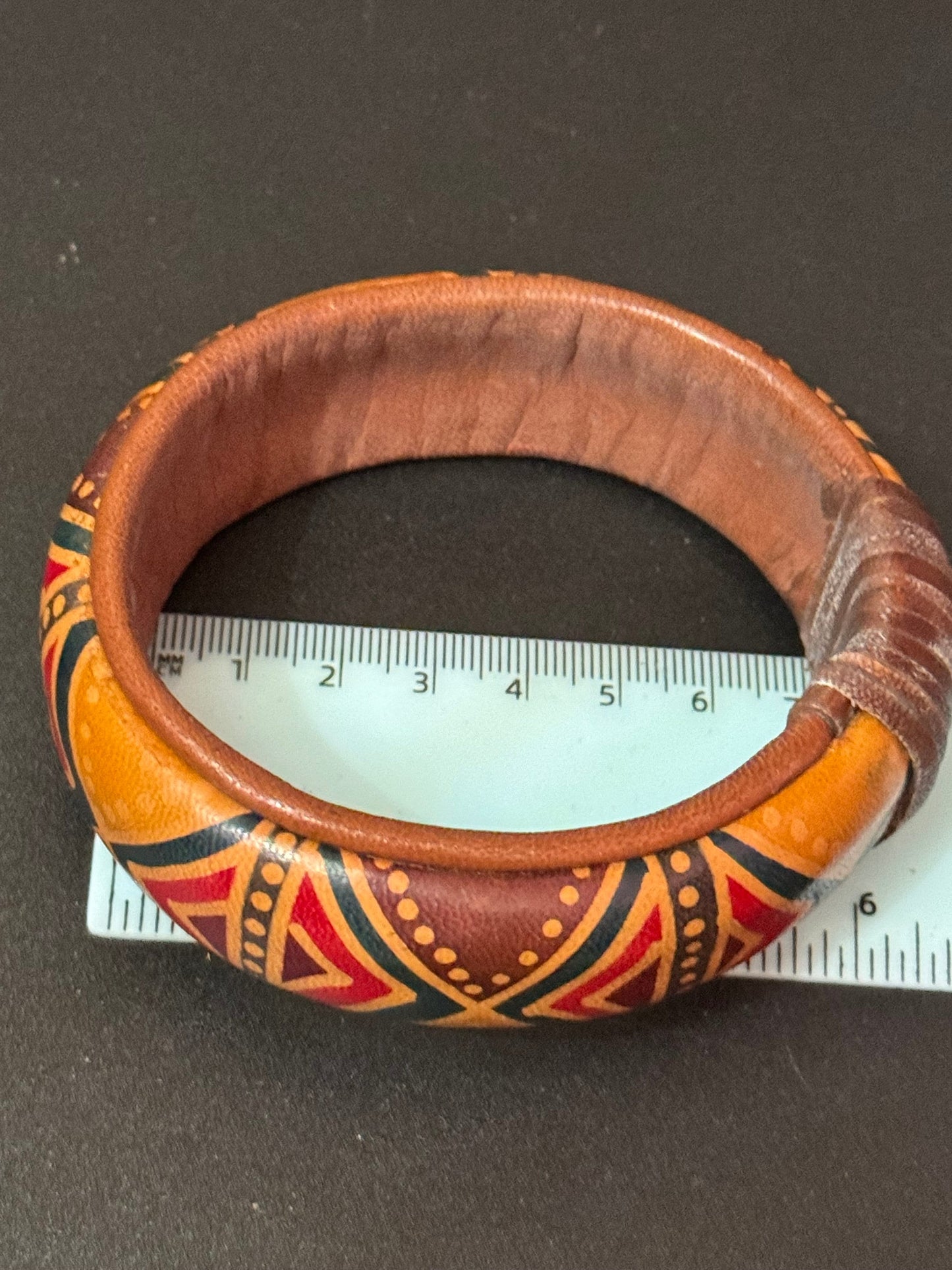 Australian African colourful print tribal leather on wood wide cuff bangle bracelet stacking layering Vintage retro red green brown