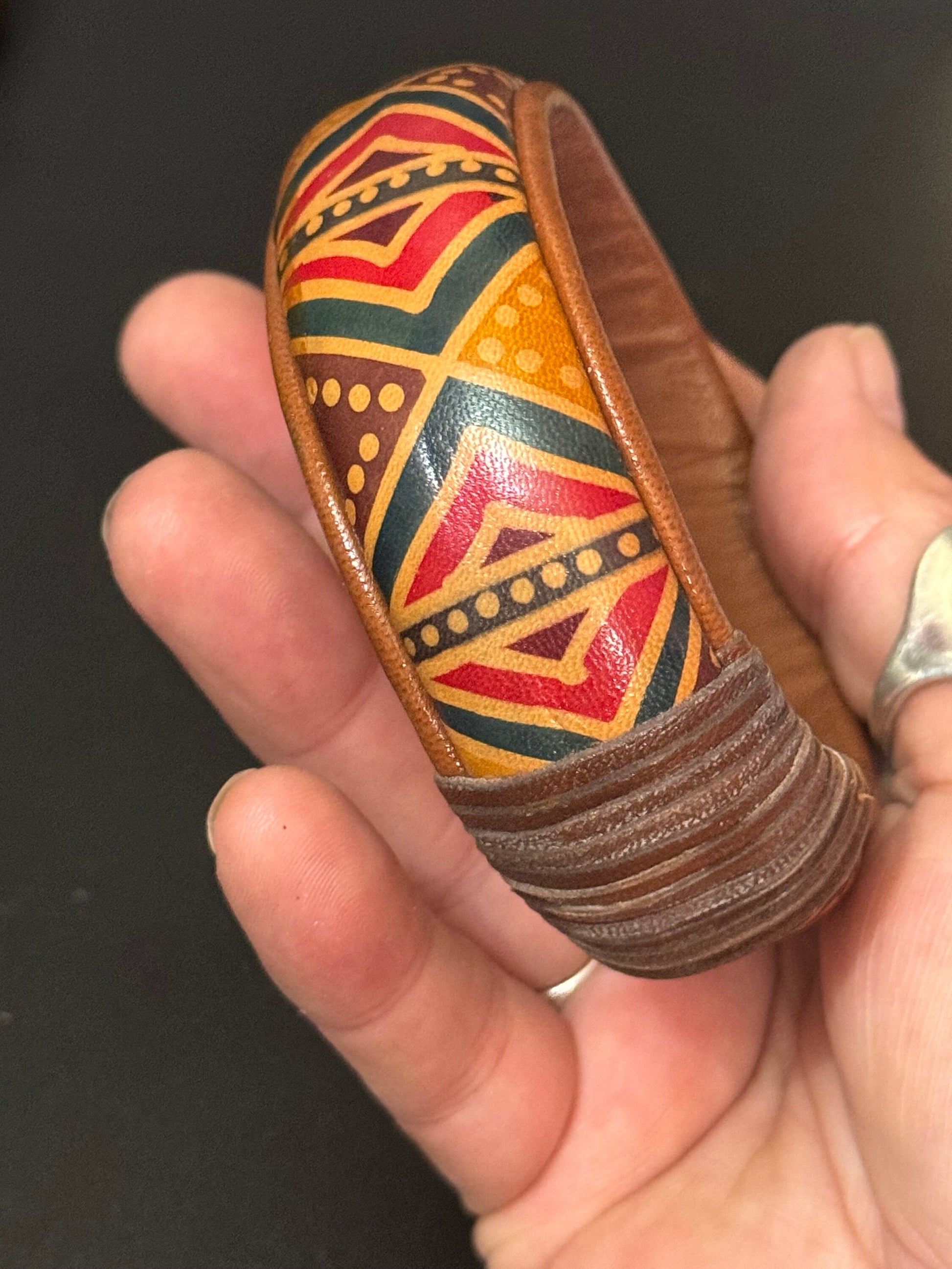 Australian African colourful print tribal leather on wood wide cuff bangle bracelet stacking layering Vintage retro red green brown