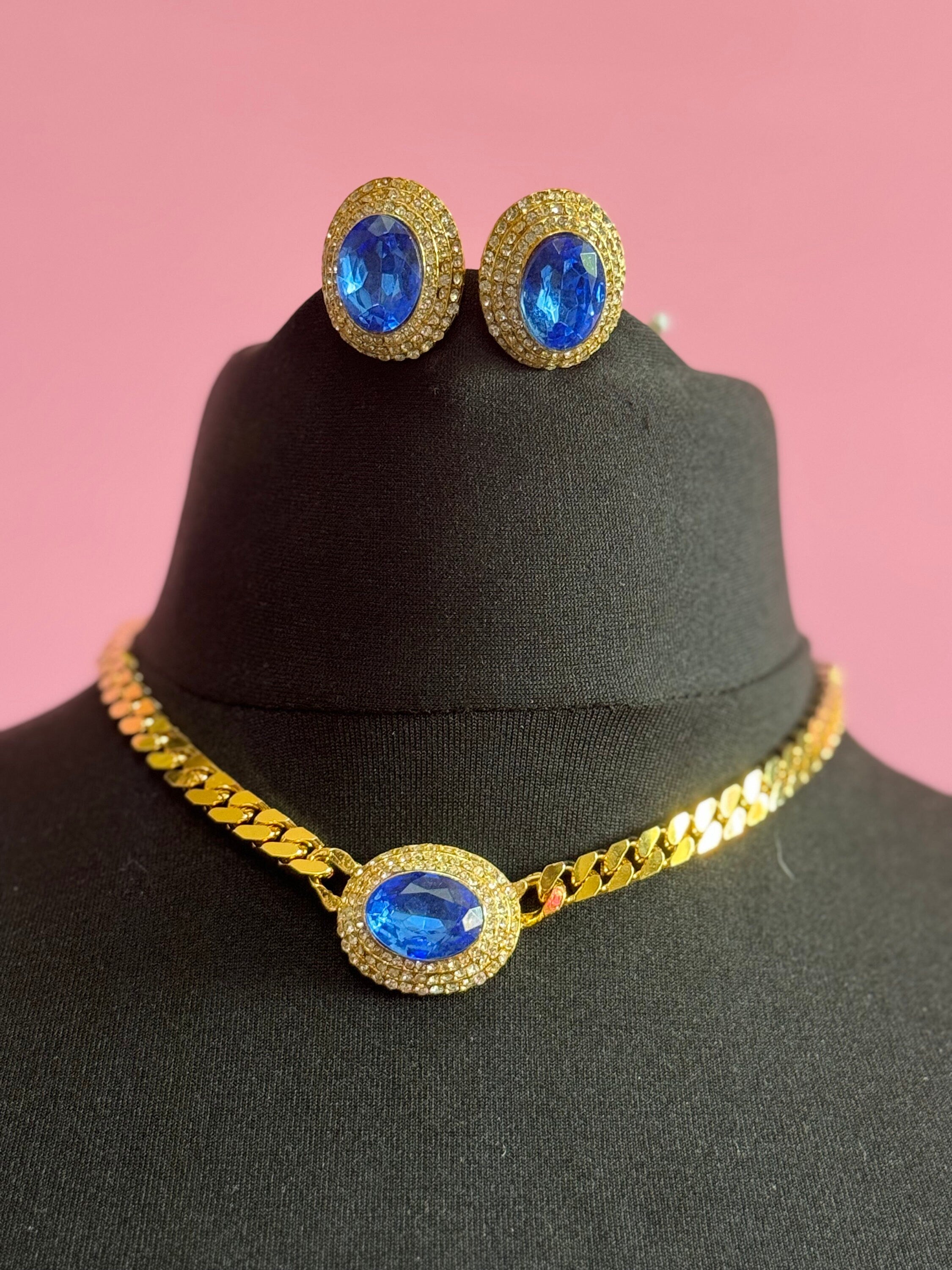 Vintage sapphire blue clear genuine Swarovski crystal oval gold tone necklace and oversized clip on earrings jewellery set