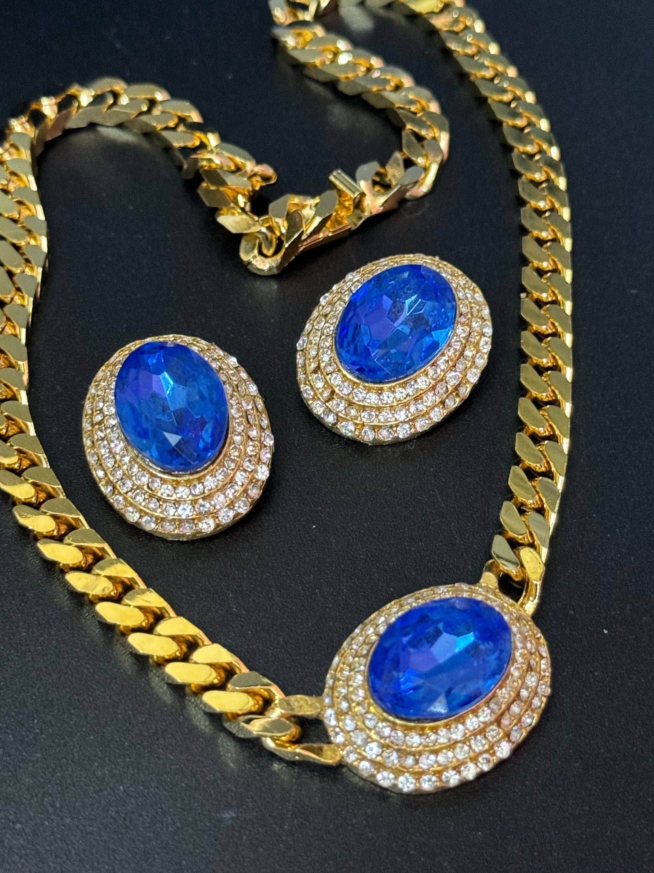 Vintage sapphire blue clear genuine Swarovski crystal oval gold tone necklace and oversized clip on earrings jewellery set