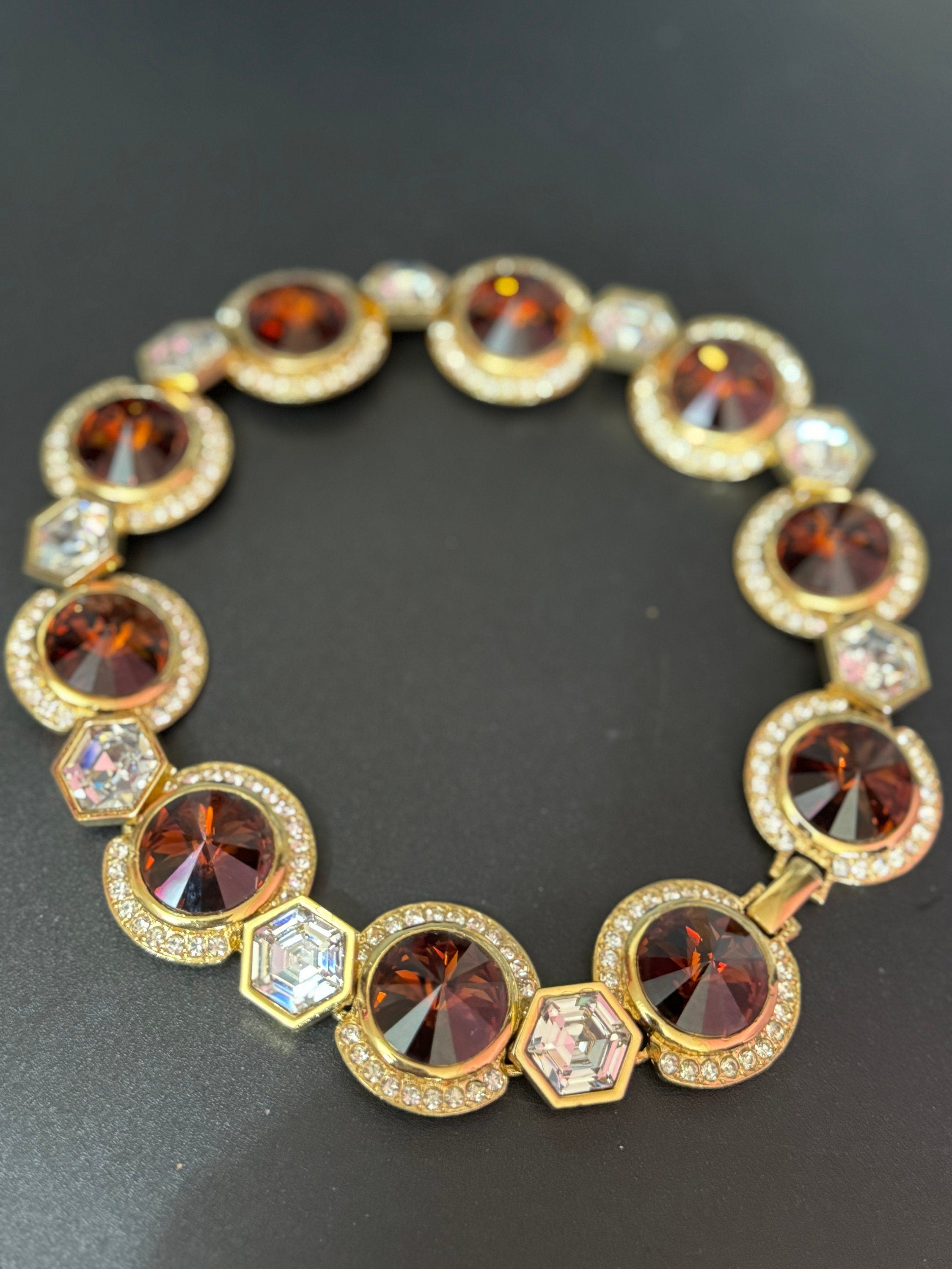 High end Vintage Swarovski Crystal gold tone cognac brown and clear rivoli set rhinestone wide statement choker necklace old shop stock