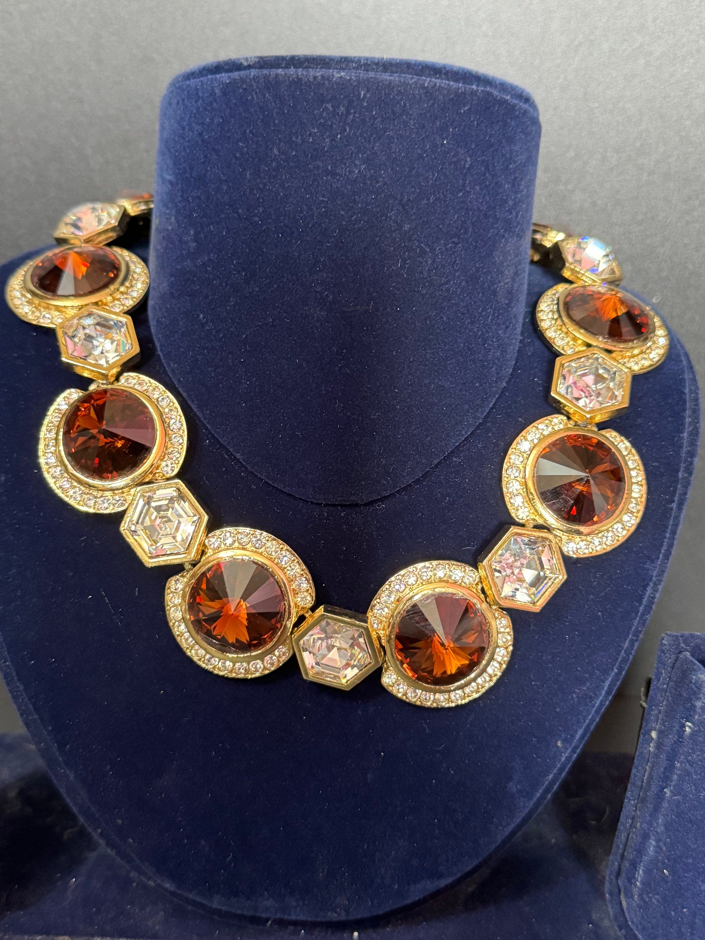 High end Vintage Swarovski Crystal gold tone cognac brown and clear rivoli set rhinestone wide statement choker necklace old shop stock